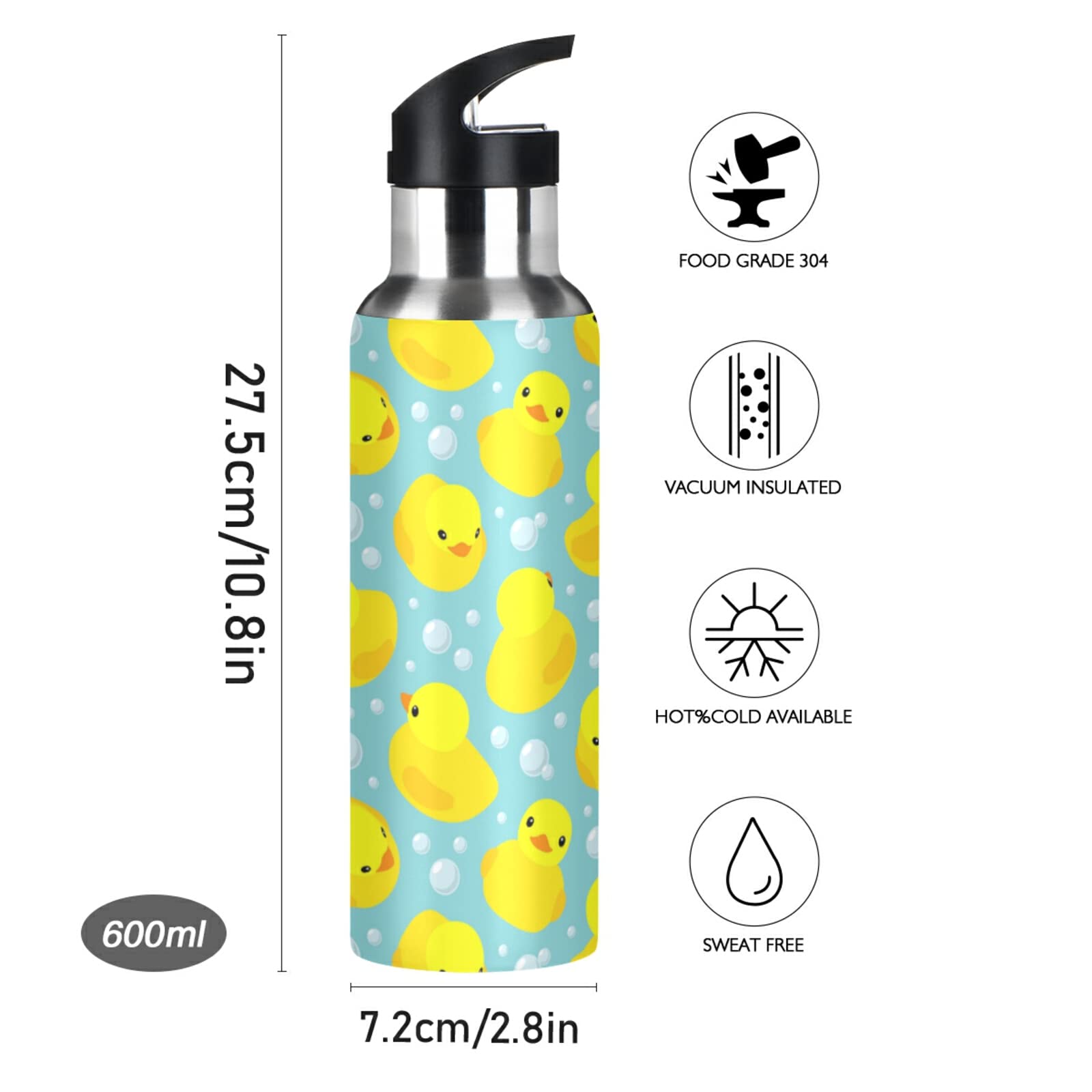 Senya 20oz Stainless Steel Water Bottle with Straw Lid - Insulated Kids Thermos for Sports, Gym, School & Outdoor Activities | Leakproof BPA-Free Water Flask | Yellow Ducks Bubbles Design | Perfect for Hiking, Camping & Daily Hydration
