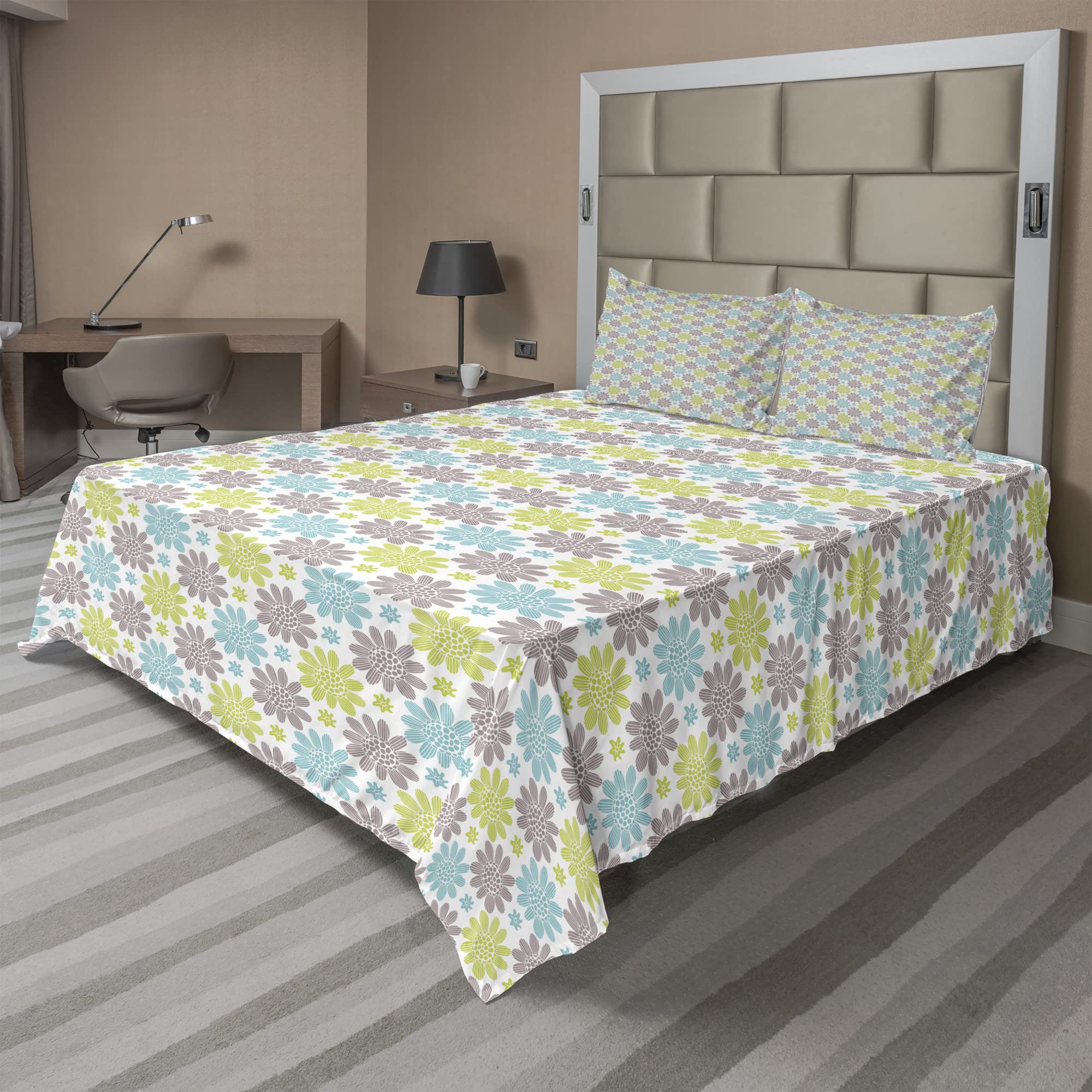 Ambesonne Floral Sheet Set - 4 Piece King Size Bedding with Abstract Spring Flowers in Pastel Seafoam Yellow Green - Fitted Sheet, Flat Sheet & 2 Pillowcases - Perfect for Spring Bedroom Decor & Guest Room Accent