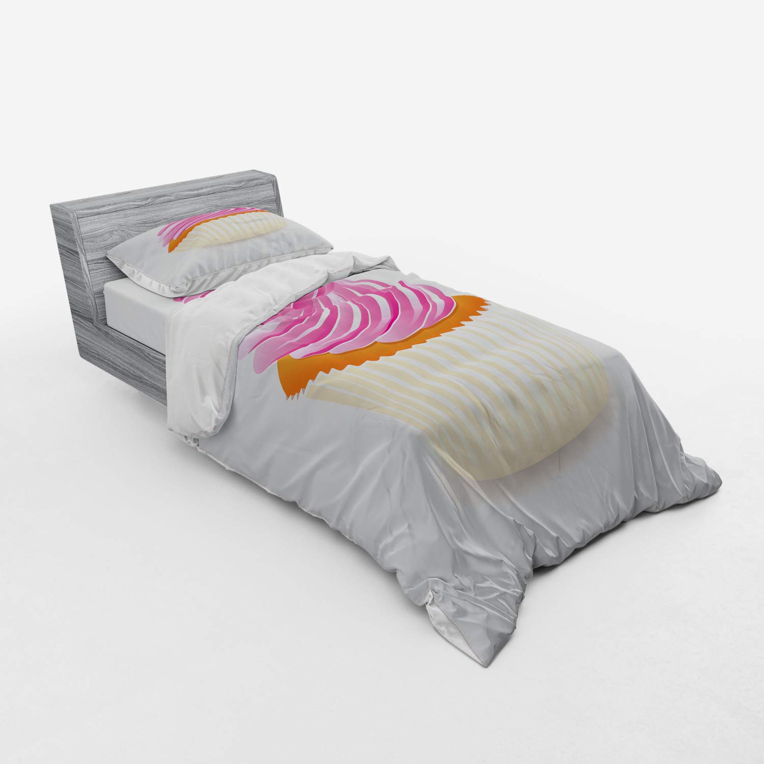 Ambesonne Pink Cupcake Celebration Bedding Set - 3 Piece Duvet Cover with Sham & Fitted Sheet, Twin Size, Orange & Pink Dessert Theme - Perfect for Birthday Decorations, Kids Room, and Sweet Dreams