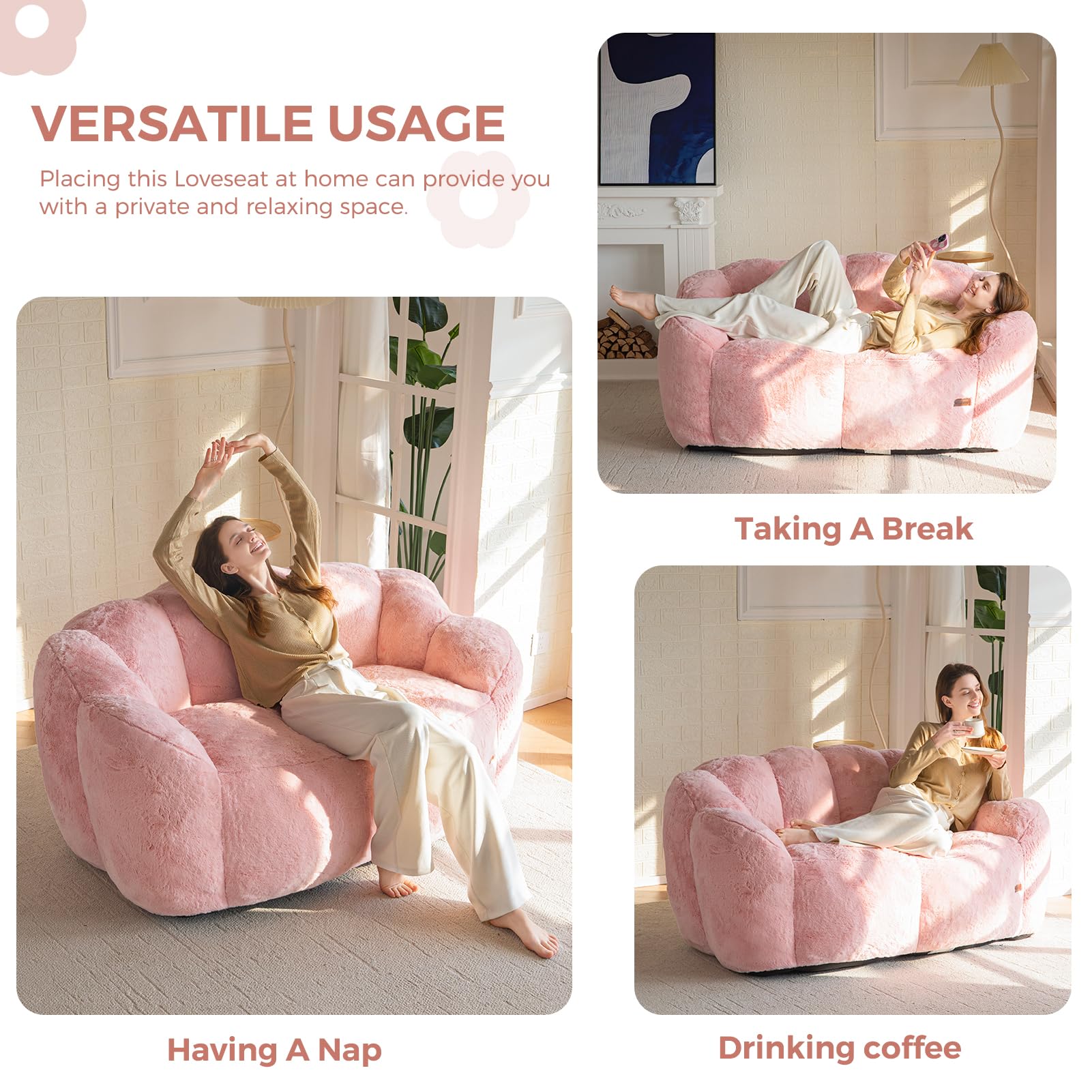 MAXYOYO Ultra Soft Faux Fur Bean Bag Chair - Double Size Loveseat with Floral Petal Back Design for Adults (Pink) | Perfect for Living Room, Bedroom, Dorm & Game Room Relaxation