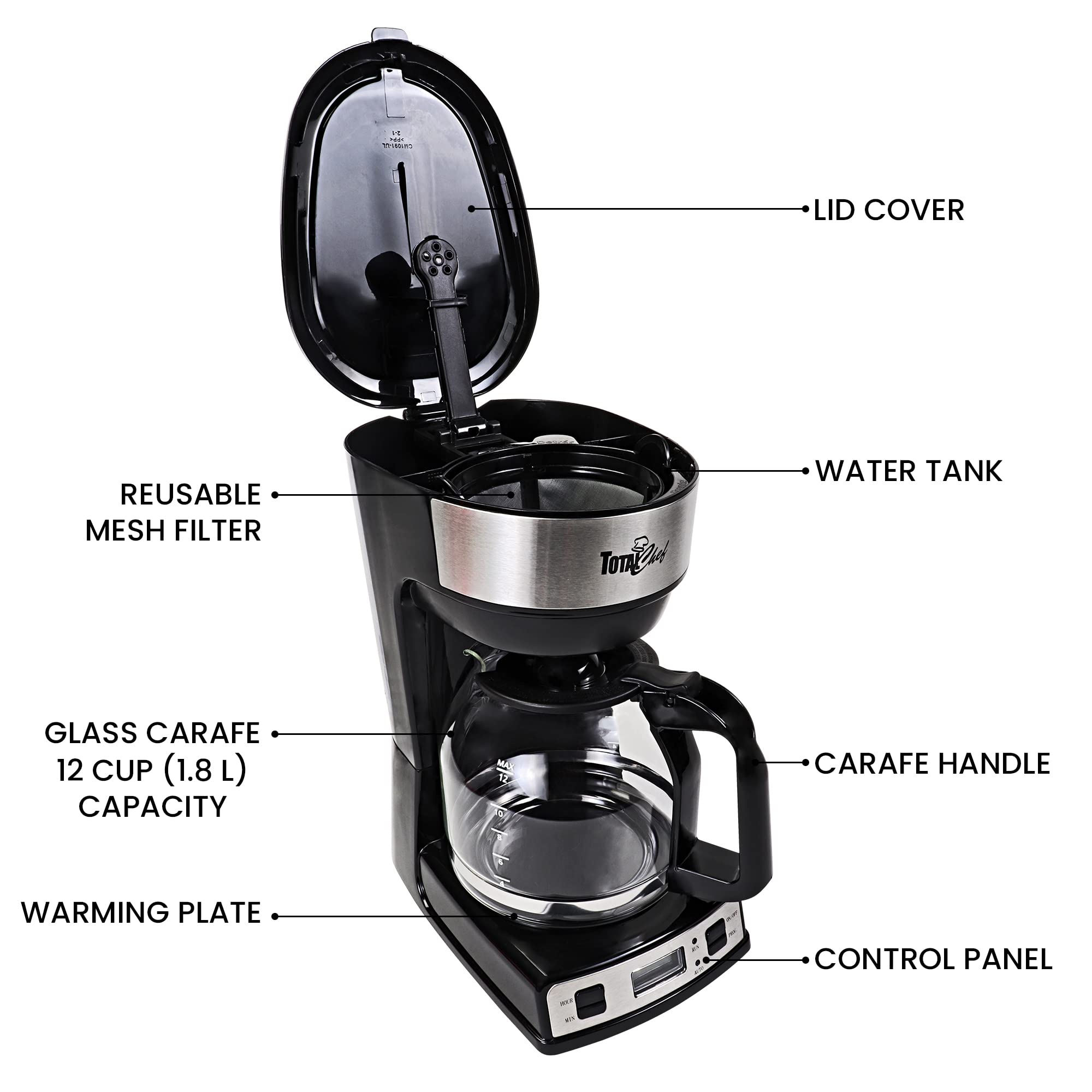 Koolatron Total Chef 12 Cup Programmable Drip Coffee Maker with Glass Carafe & Reusable Filter - Black & Silver - Perfect for Home, Office, and RV Use