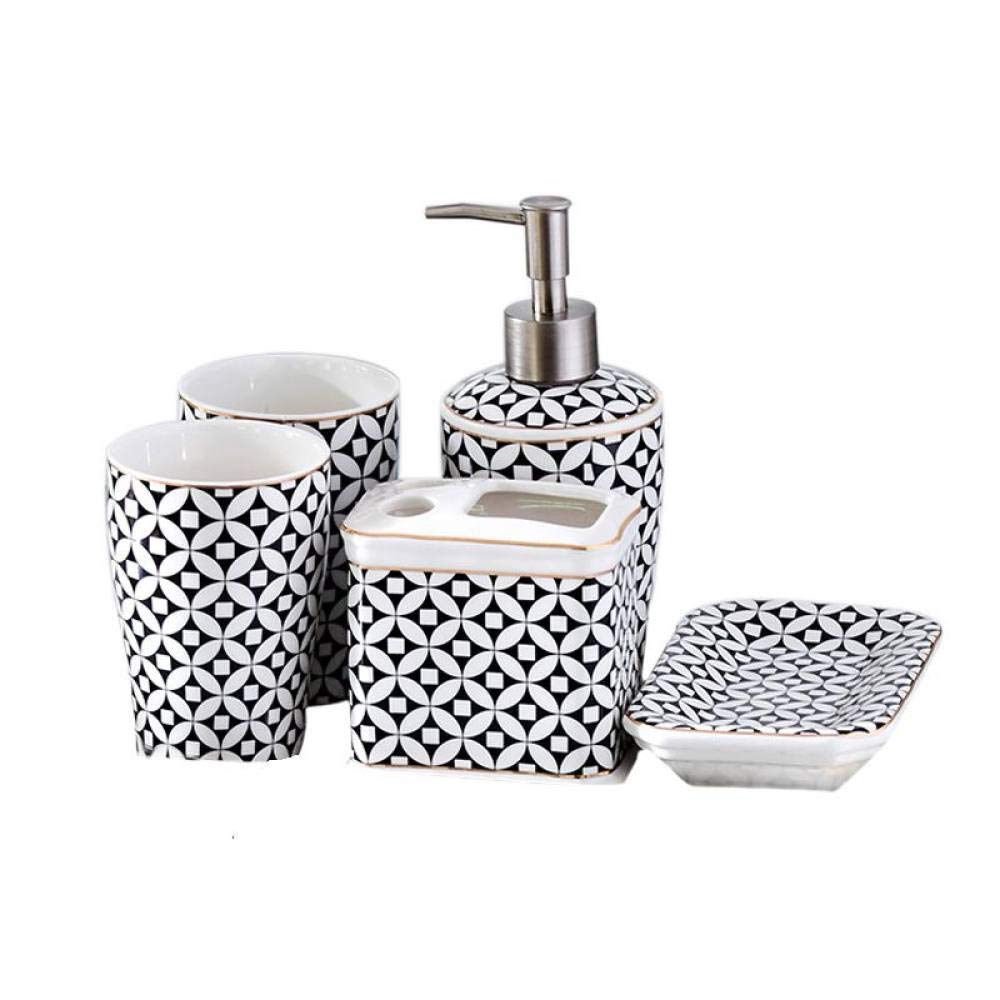 Vintage Ceramic Bathroom Accessories Set - 5 Piece Blue Geometric Soap Dispenser, 2 Tumblers, Toothbrush Holder & Soap Dish | Modern Vanity Decor for Home, Hotel & Toilet | Perfect for Spa, Guest Bath & Luxury Bathroom Decor