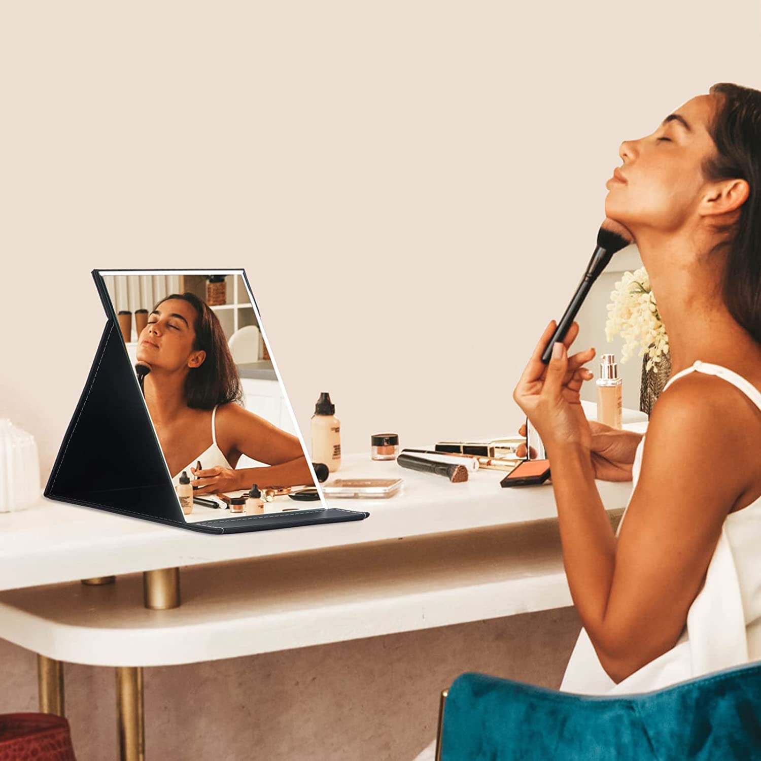 OLWICK® Folding Travel Mirror - Portable Adjustable Rectangular Makeup Mirror with PU Leather Case, Ultra Thin & Lightweight (17x12cm, Black 2-Pack) - Perfect for Travel, Camping, Home & Office Use