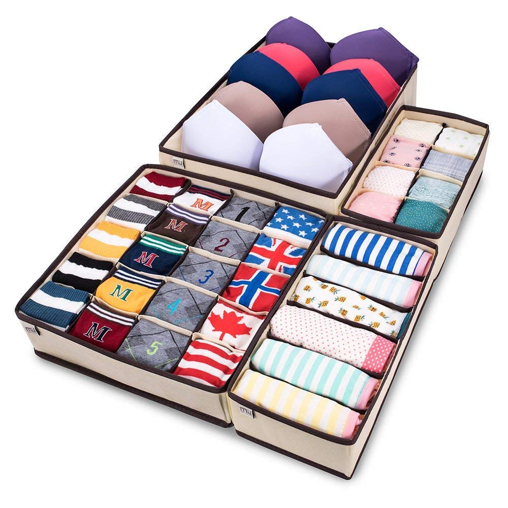 Foldable Closet Organizer - 4-Piece Underwear Drawer Divider Storage Box Set for Bras, Socks, Ties & Scarves | Space-Saving Under Bed & Closet Organization Solution for Small Spaces
