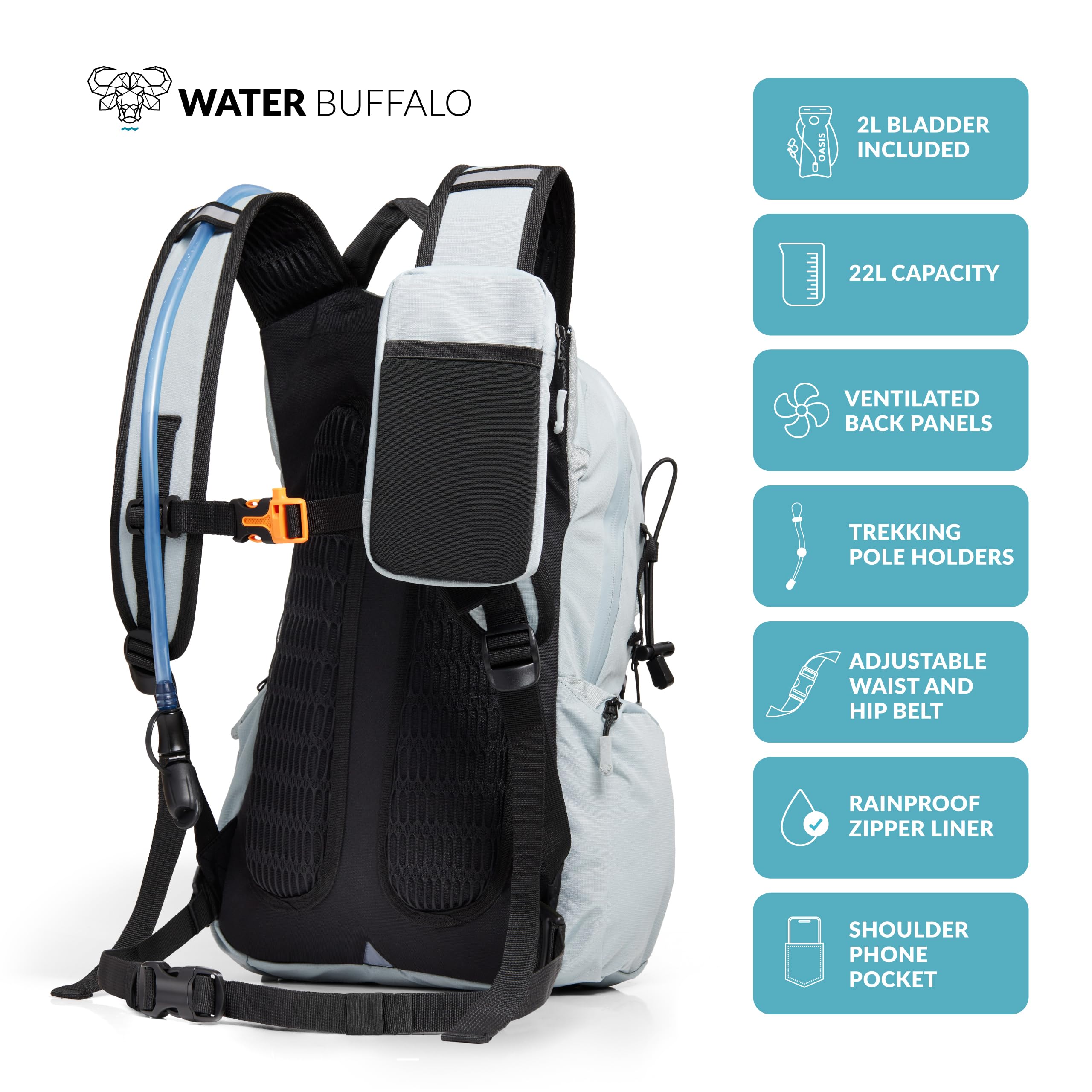 Sherpa 22L Water Buffalo Hydration Backpack with 2L Water Bladder - Lightweight Hiking Backpack with Waterproof Zippers, Phone Pocket & Trekking Pole Holders - Perfect for Hiking, Camping & Outdoor Adventures