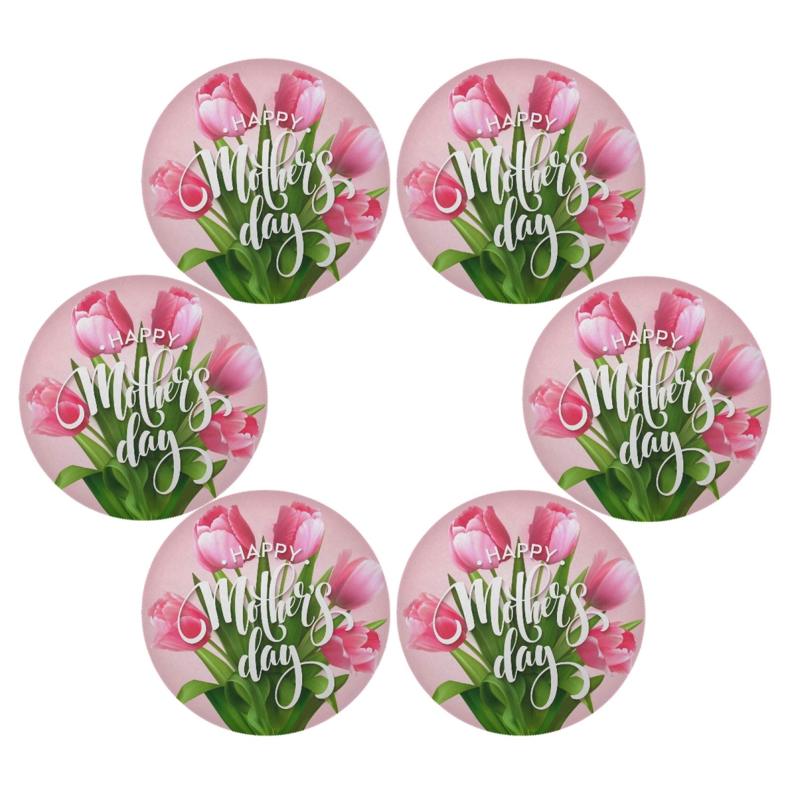 Mother's Day Blooming Tulip Flowers Round Placemats Set of 6 - Washable & Heat Insulation Non-Slip Kitchen Dining Table Mats for Home Decor, Party, Holiday Dinner