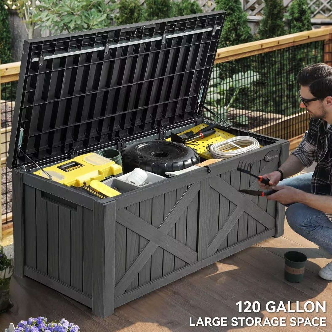 YITAHOME 120 Gallon Large Deck Box with X-Shaped Front, Waterproof Outdoor Storage Container for Patio Furniture, Pool Toys & Garden Tools - Lockable Resin Storage Bench (Dark Gray) - Perfect for Backyard, Poolside & Outdoor Organization
