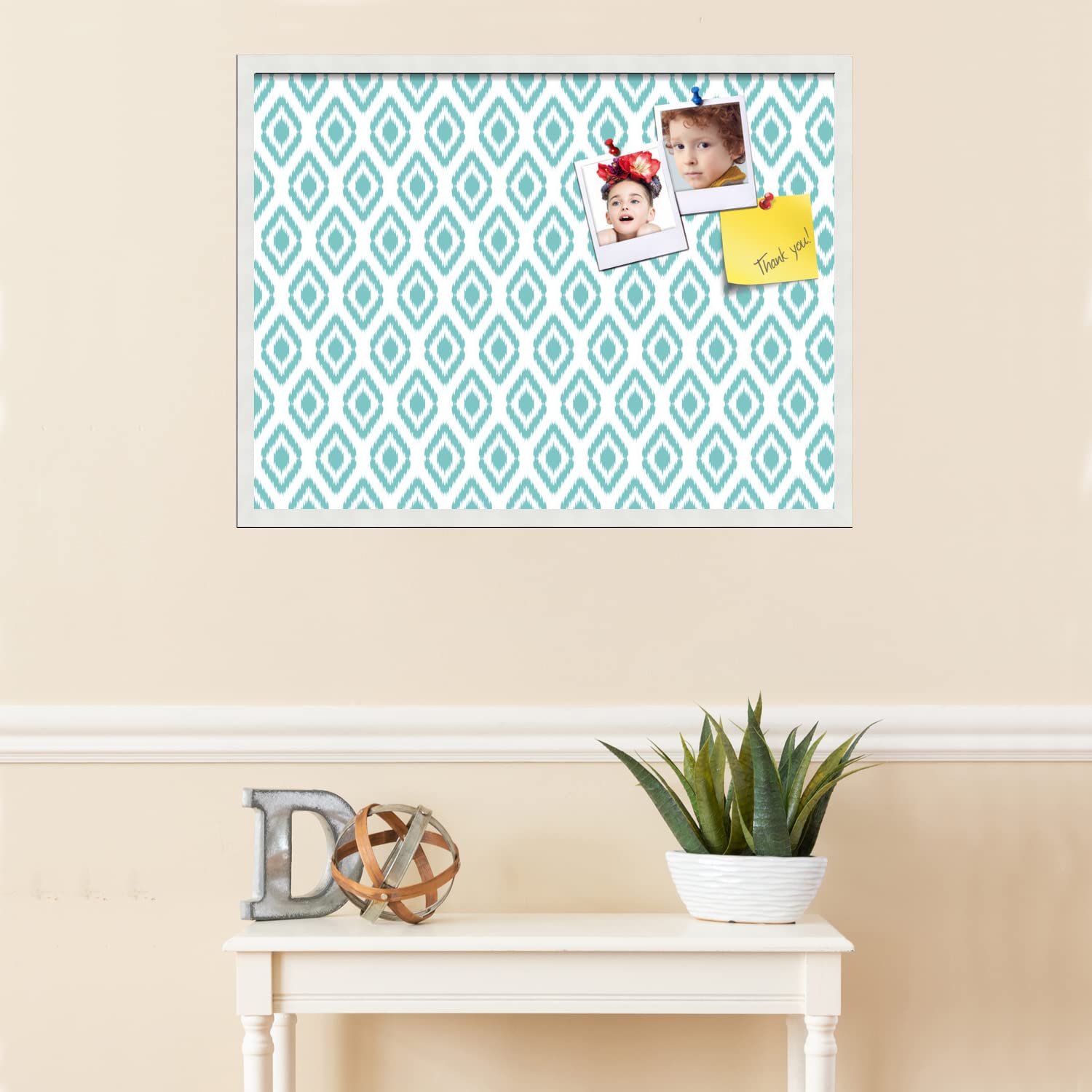PinPix 32x24 Inch Cork Bulletin Board with Ikat Aqua Design & Satin White Frame - Stylish Decorative Pin Board for Home Office School Decor - Perfect for Notes, Photos, Reminders & Wall Organization