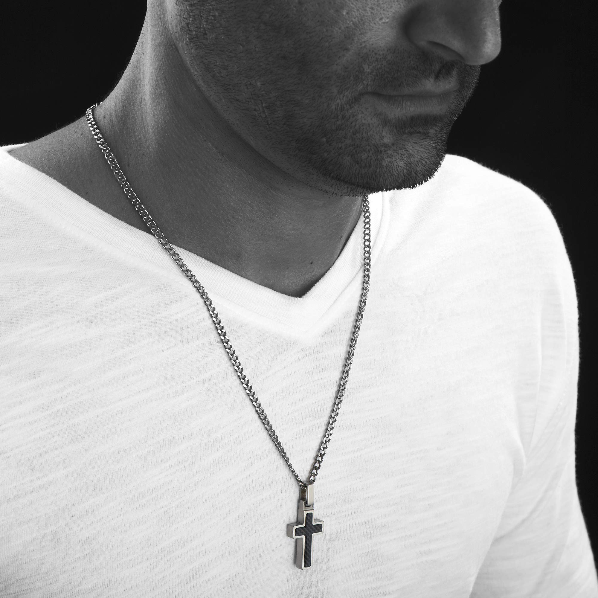 Unique GESTALT Small Titanium Cross Necklace with Black Carbon Fiber Inlay - Stylish Religious Jewelry for Men & Women - Perfect for Everyday Wear, Gifts & Special Occasions