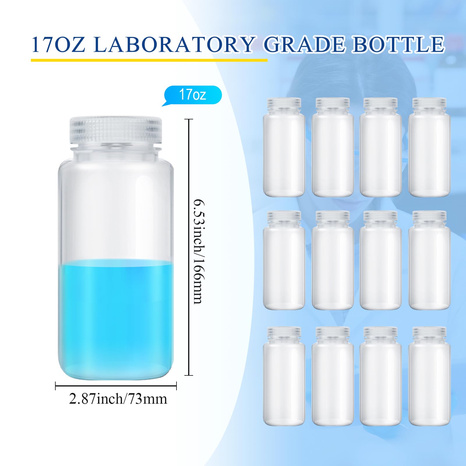 12-Pack 16oz (500ml) Plastic Sample Bottles with Lids - Wide Mouth Reagent Bottles for Water Sampling, Lab Testing & Scientific Experiments | PP Translucent Material | Ideal for Laboratories, Home Science Projects & DIY Storage