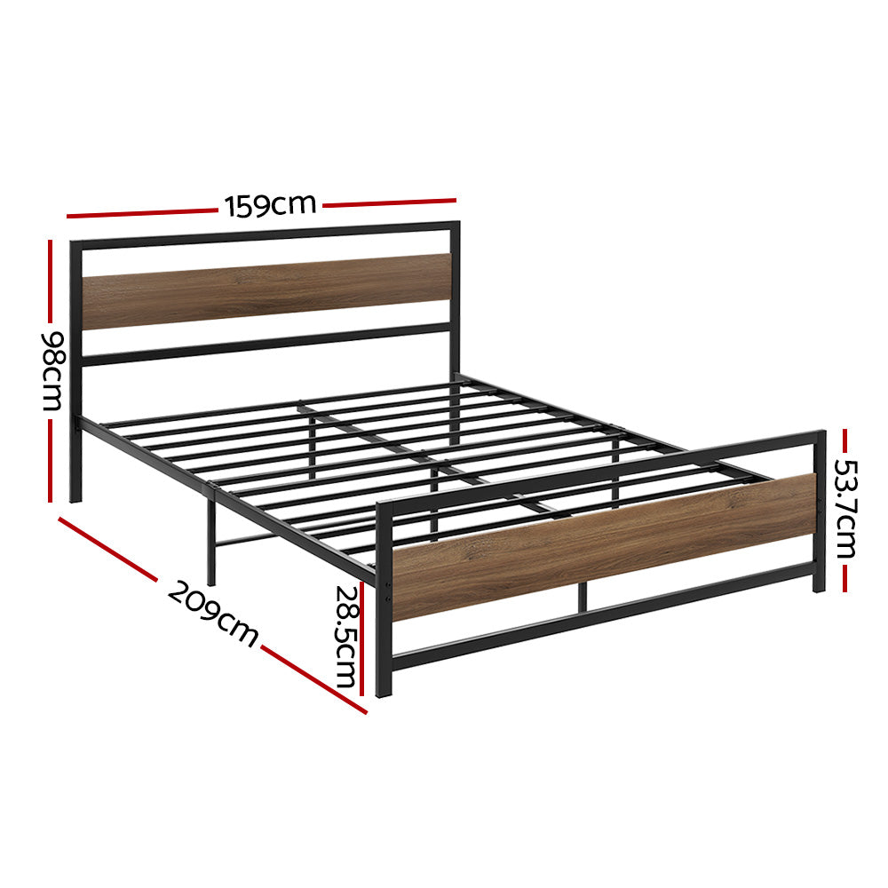 Industrial Style Queen Metal Bed Frame with Wood Accents - Sturdy & Elegant Black Bed Frame for Bedroom, Guest Room, or Dorm