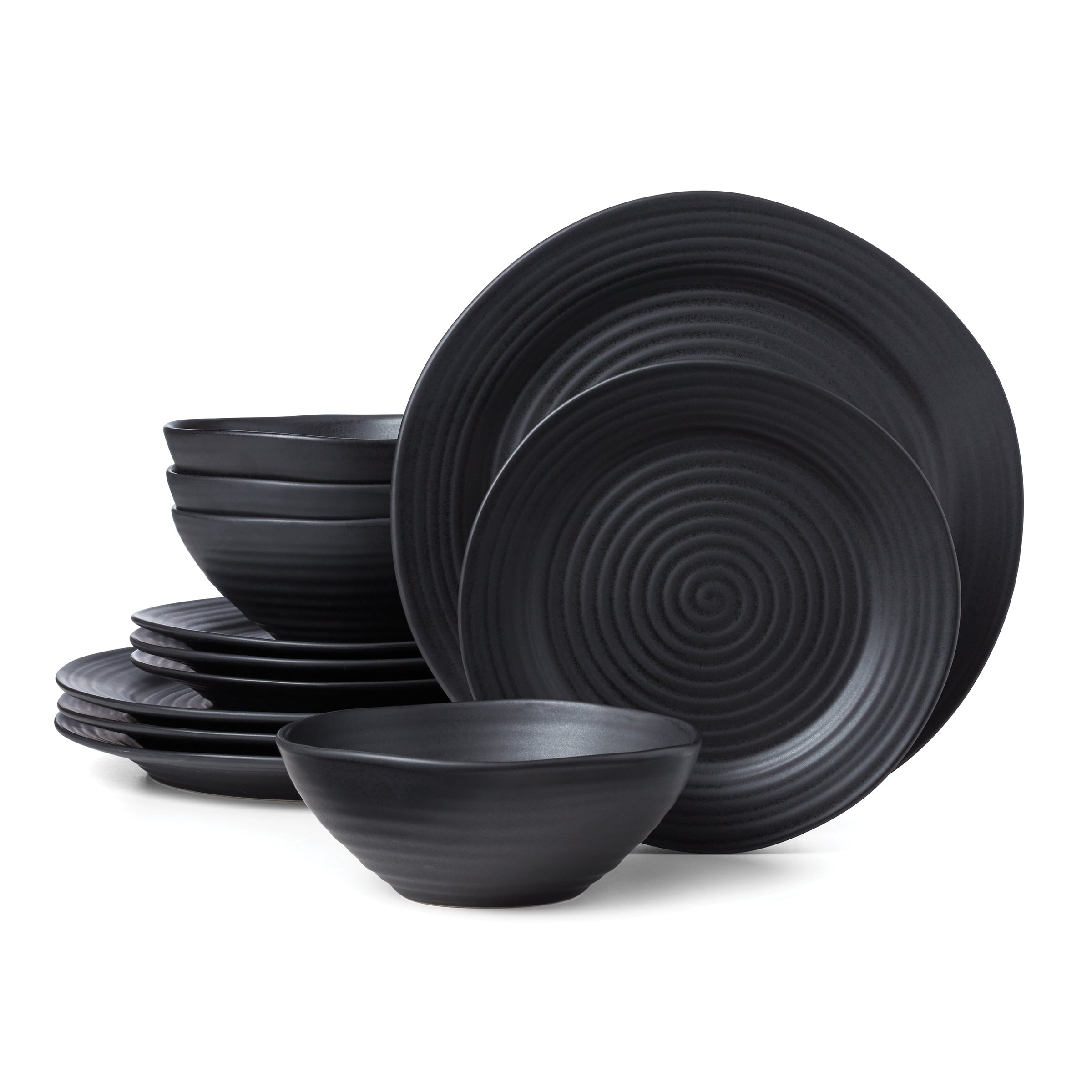Premium Ridge Black 12-Piece Dinnerware Set - Elegant Porcelain Plates, Bowls & Mugs for Modern Dining - Perfect for Dinner Parties, Family Meals & Restaurant-Style Presentation