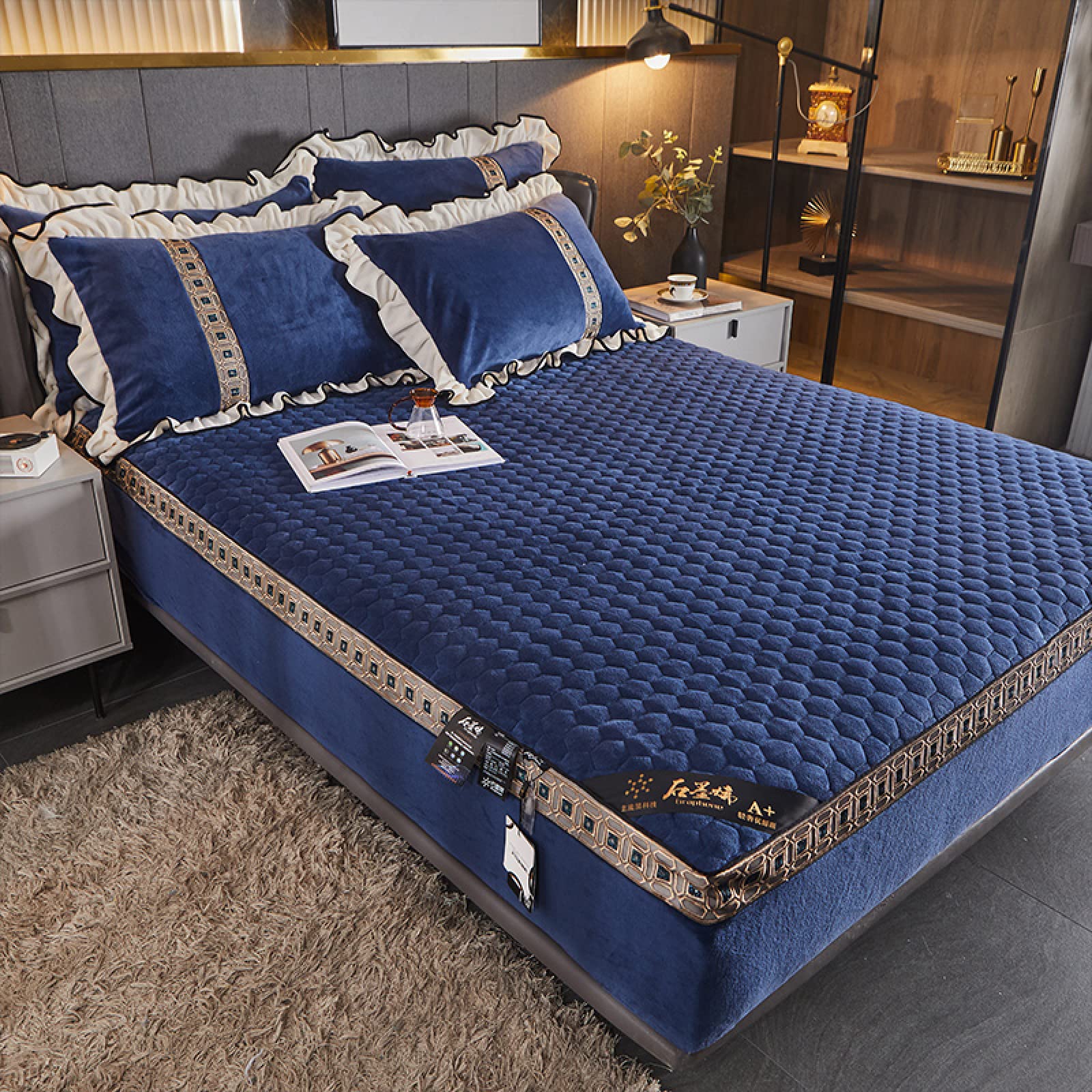 Luxury Mattress Protector - Single, Double, Queen, King Size - Super Soft Breathable Milk Velvet Quilted Bed Cover - Comfortable Blue Bedspread (90x200cm) for Home, Hotel & Guest Room Decoration