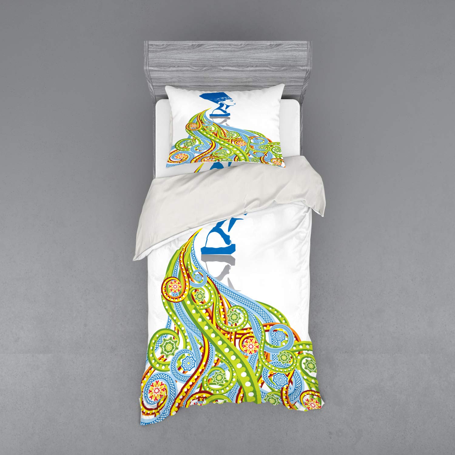 Ambesonne Egyptian Print 3-Piece Bedding Set - Queen Pharaoh Illustration Duvet Cover with Sham & Fitted Sheet, Twin Size, Multicolor - Perfect for Themed Bedrooms & Ancient Egypt Decor