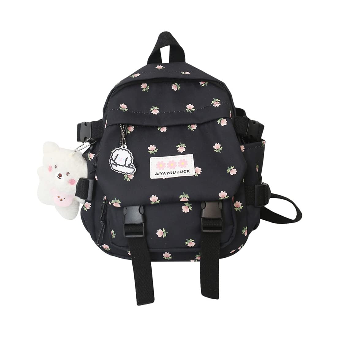 Cute Mini Floral Backpack - Kawaii Japanese School Bag for Girls (Black) - Perfect for School & Travel