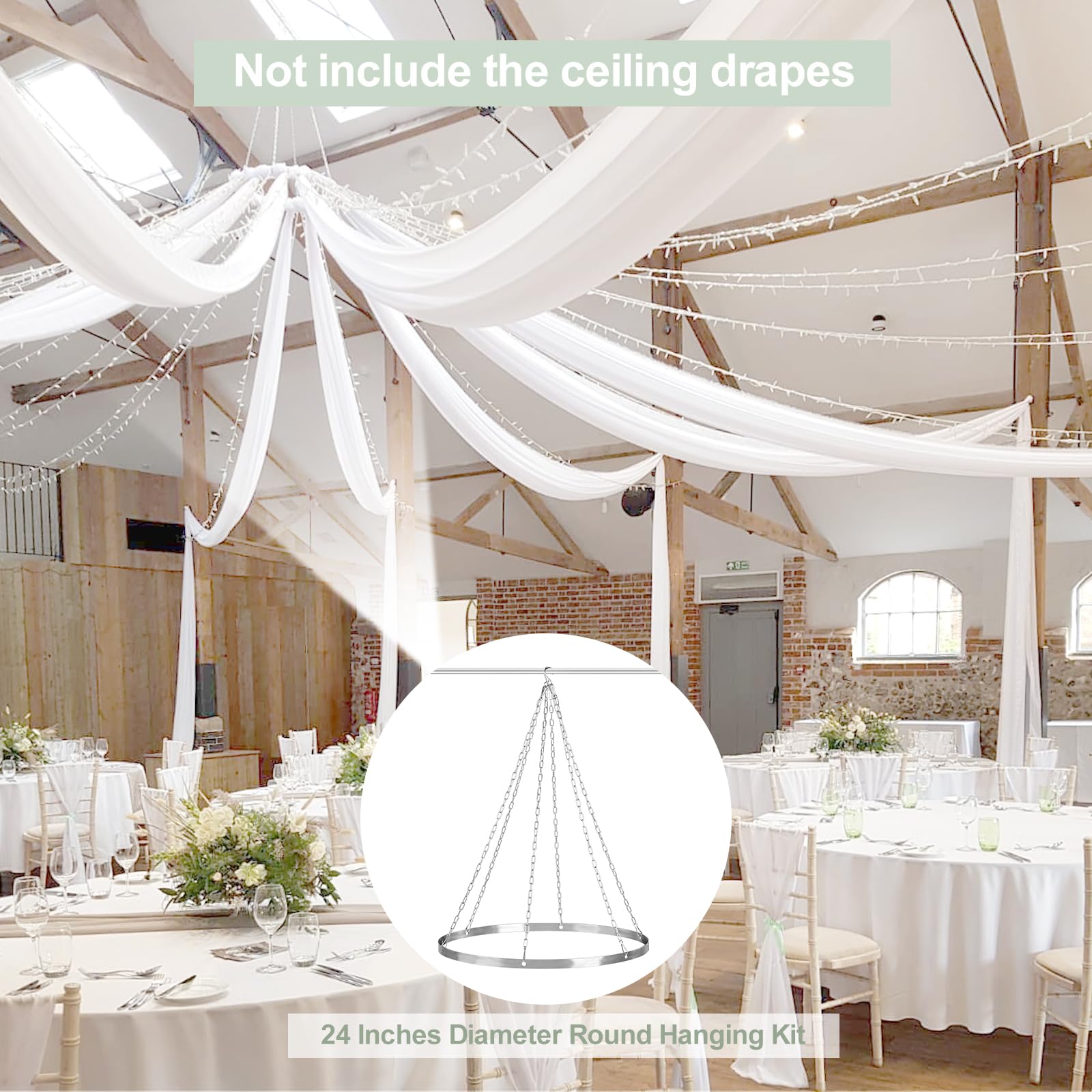 24 Inch Silver Metallic Ceiling Drapes Hanging Kit - 6 Panel Wedding Backdrop Hardware with Metal Hoops for Banquet Decor, Party Canopy & Event Decorations | Perfect for Weddings, Bridal Showers, and Special Occasions