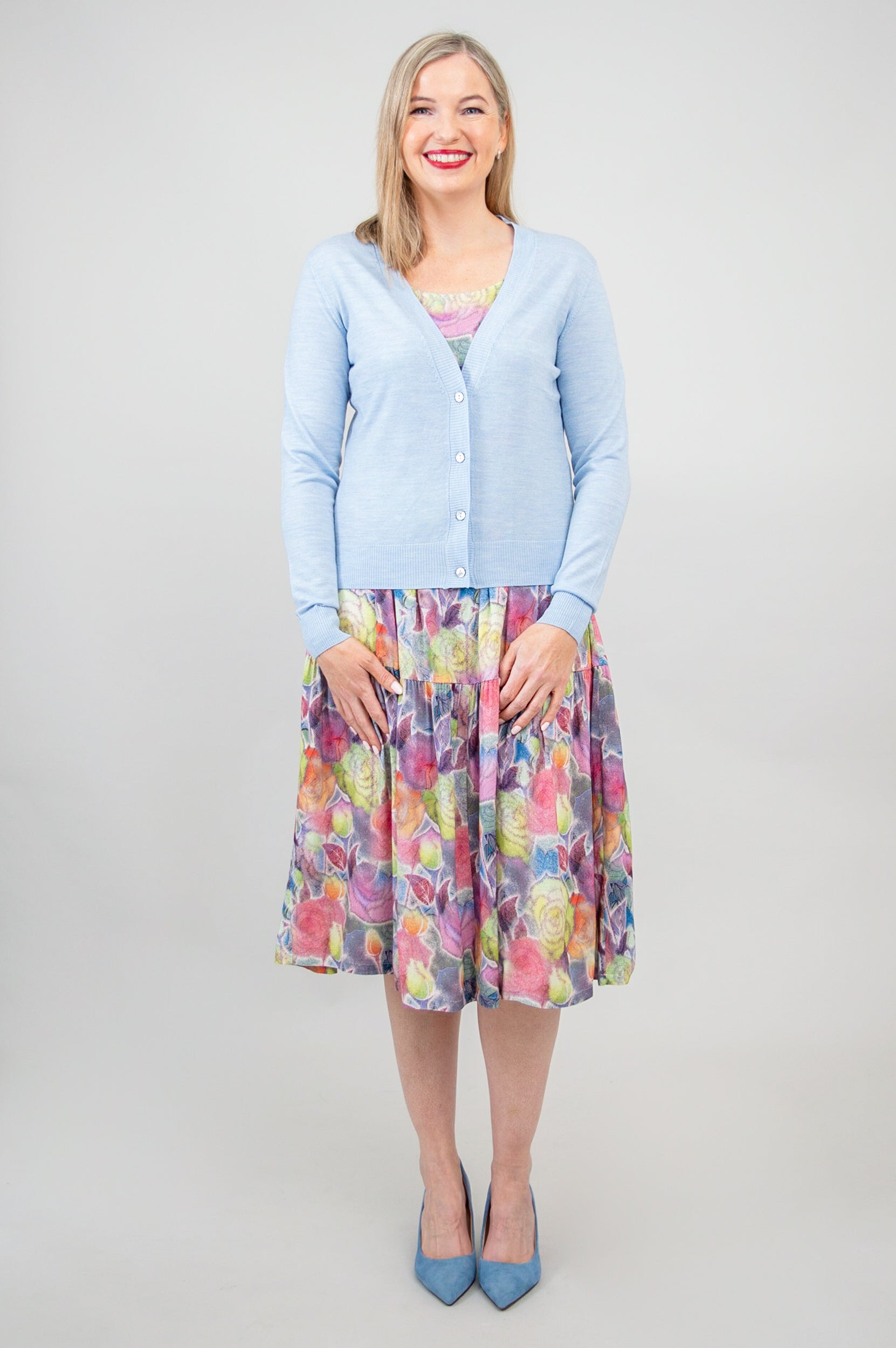 Camila Cardigan - Cerulean Blue Merino Wool Sweater for Women | Cozy Winter Wear & Office Outfit