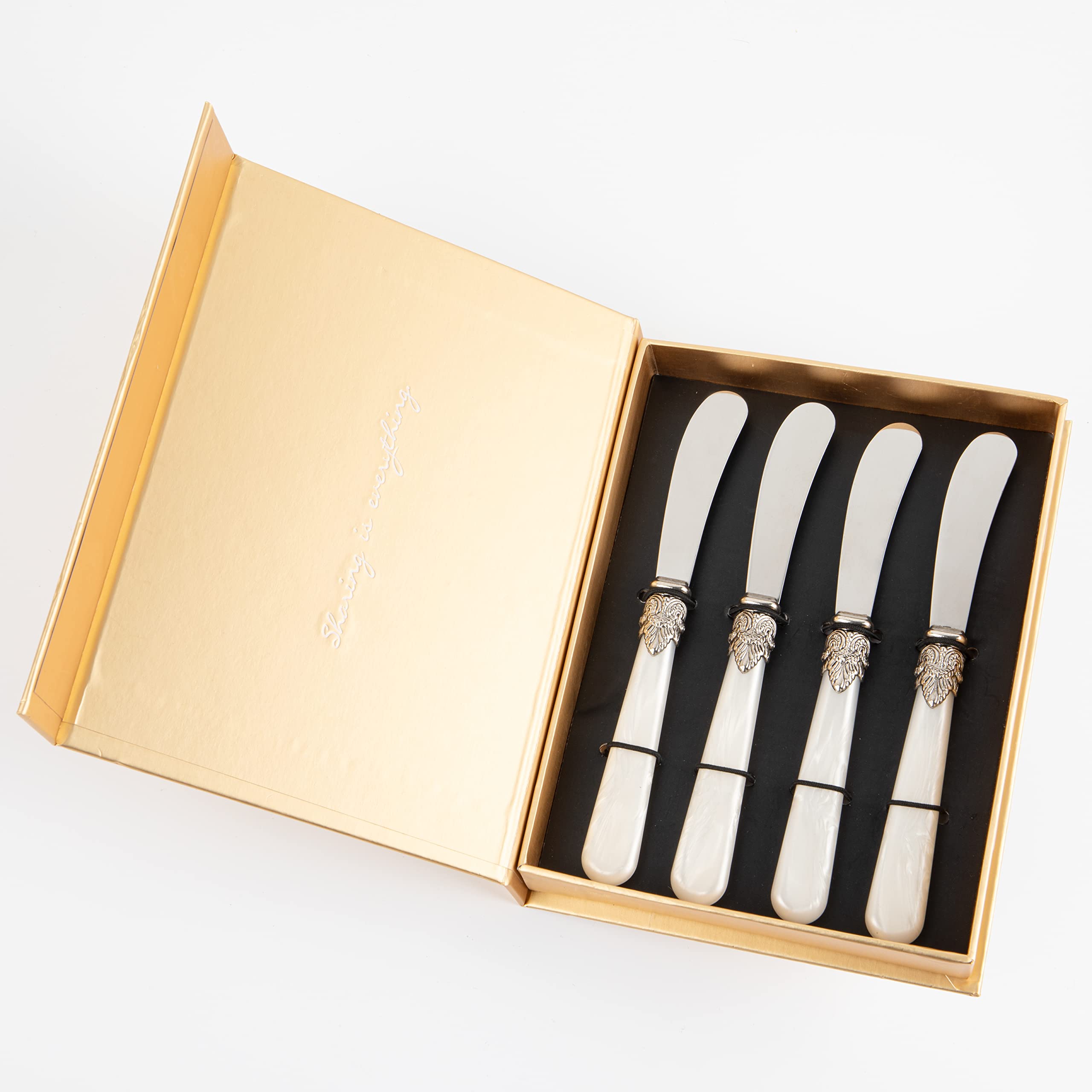 REVERIE 4-Piece Stainless Steel Butter Knife Set - Cheese Spreader & Bread Knife with White Handle - Perfect for Kitchen, Dinner Parties & Gift Giving