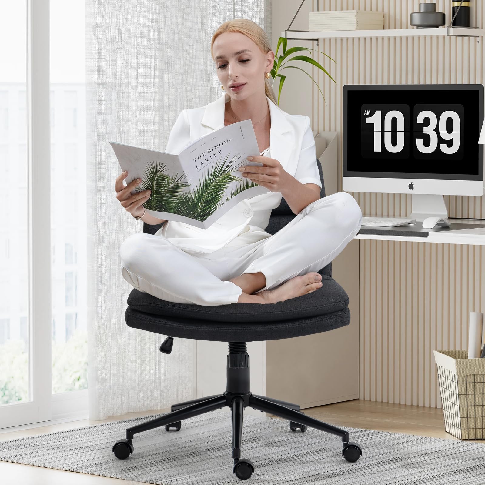 Armless Wide Office Desk Chair with Wheels - Modern Fabric Swivel Task Chair, Adjustable Ergonomic Computer Chair for Home & Office - Perfect for Workstations, Gaming, and Cross-Legged Sitting (Black)
