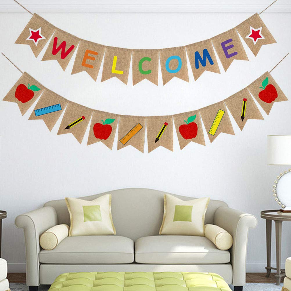 First Day of School Burlap Banner - Welcome Back Bunting for Classroom Decor, Party Pull Flag, Photo Props - Perfect for Back to School Decorations & Celebrations