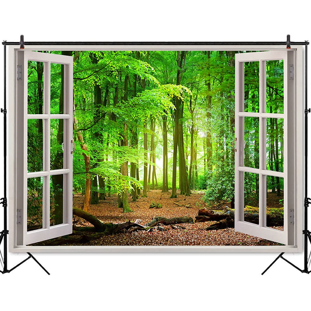 8x6ft Green Forest Trees Backdrop - Spring Window View Nature Scenery Wall Decoration for Baby Kids Portrait, Party Banner & Photo Booth Props | Perfect for Birthday Parties, Baby Showers, and Indoor Photography