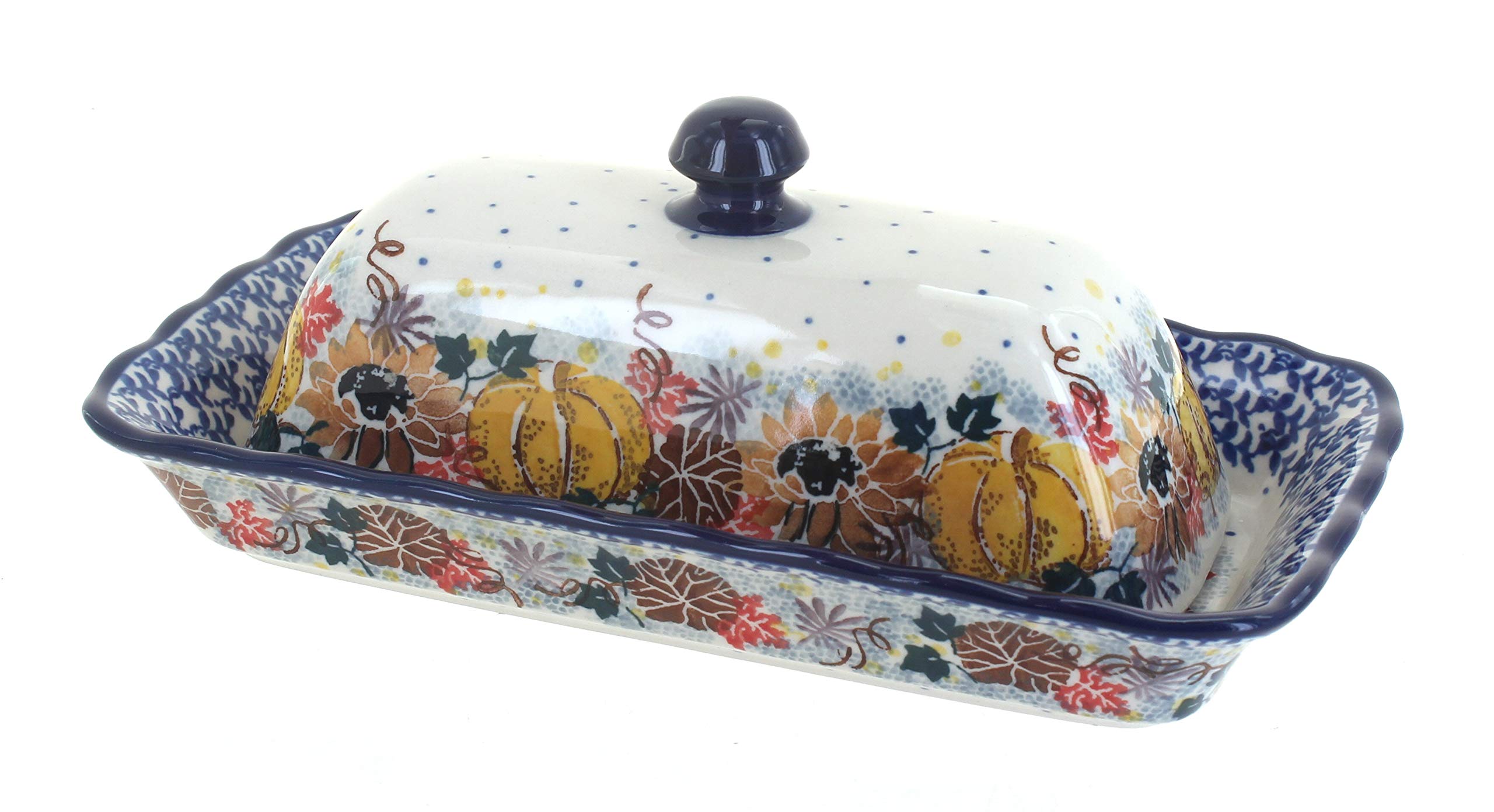 Blue Rose Polish Pottery Harvest Bounty Butter Dish - Handmade Ceramic Butter Keeper with Lid - Perfect for Farmhouse Kitchens, Rustic Dining, and Country Style Home Decor