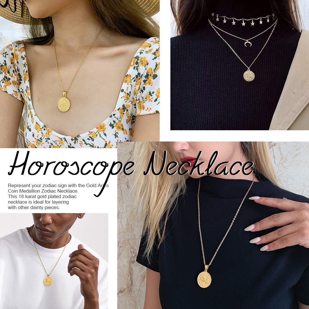 GOLDCHIC Zodiac Necklace for Women & Men - 14K Gold Plated Constellation Coin Pendant, Horoscope Astrology Jewelry Gift | Perfect for Birthday, Anniversary & Daily Wear Lucky Charm