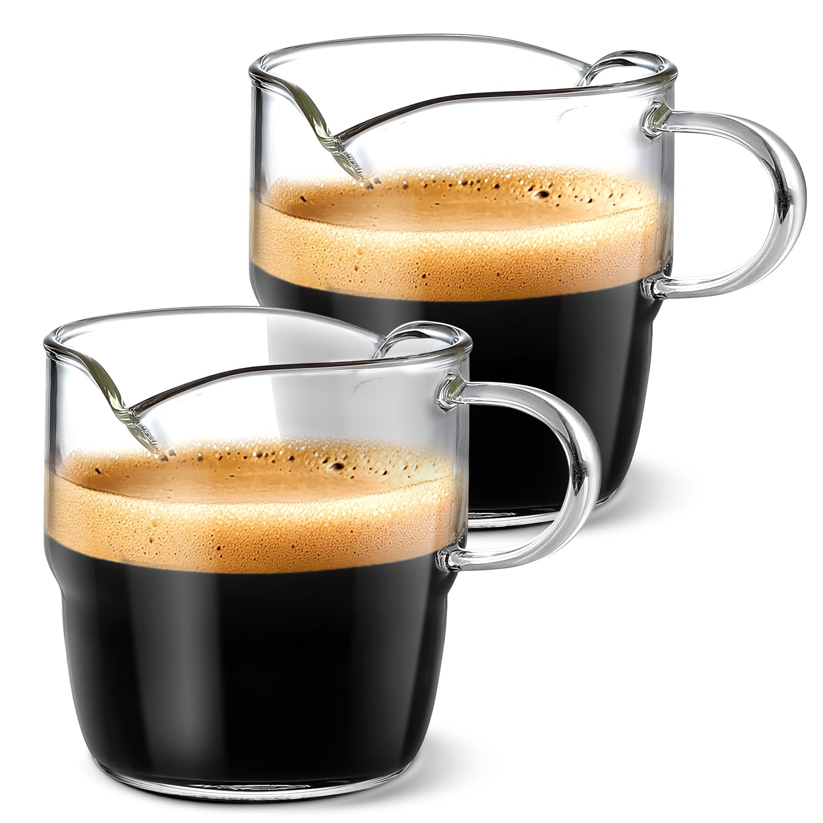 NETANY 6oz Espresso Cups Set of 2 - Double Spout Stackable Glass Mugs with Handle - Clear Coffee Shot Glasses for Espresso Machines & Coffee Bars - Perfect for Home Cafes, Restaurants & Gifts