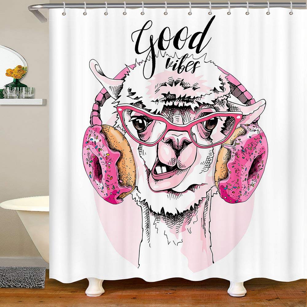 Kids Cartoon Pink Donut Headset Shower Curtain & Liner Set - Waterproof Washable 72x84 Inch with Hooks - Cute Hippie Alpaca Bathroom Decor for Children & Adults - Perfect for Themed Bathrooms, Dorm Rooms, and Playful Home Decor