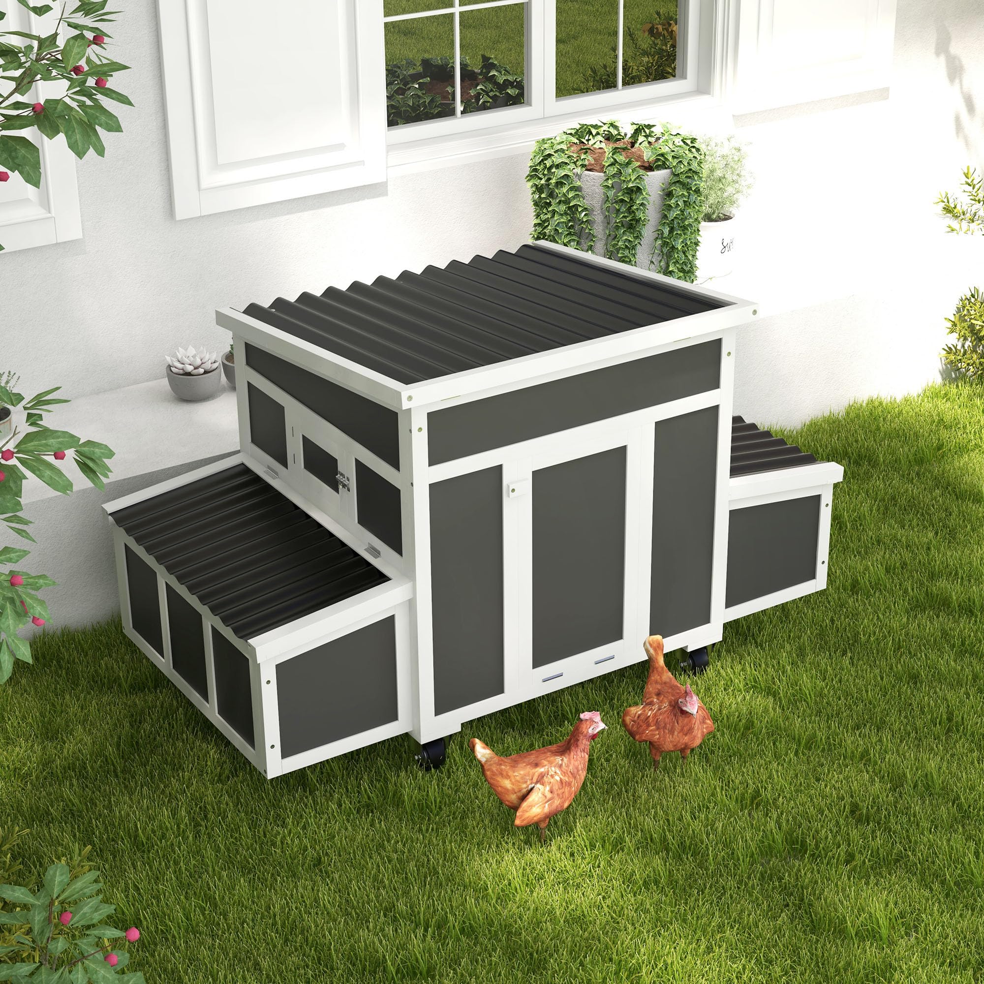 PawHut Dark Gray Wooden Chicken Coop with Nesting Box & Pull-Out Tray - Outdoor Poultry Cage for 6 Chickens, Rabbit Hutch with Perches, Ramp & Windows - Ideal for Ducks, Hens & Small Animals - Perfect for Backyard Farming & Pet Shelter