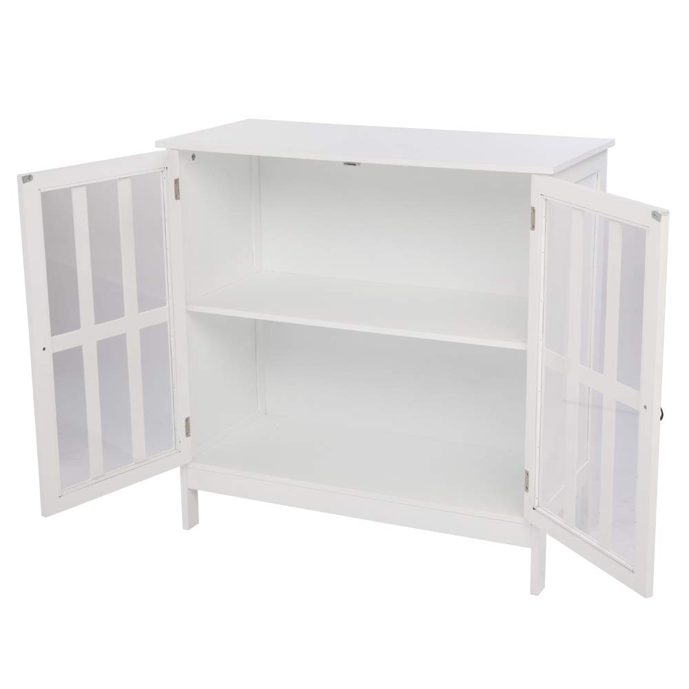 White Wooden Storage Sideboard Buffet with Transparent Double Glass Doors - Kitchen, Dining Room & Hallway Cabinet for Home Storage & Display