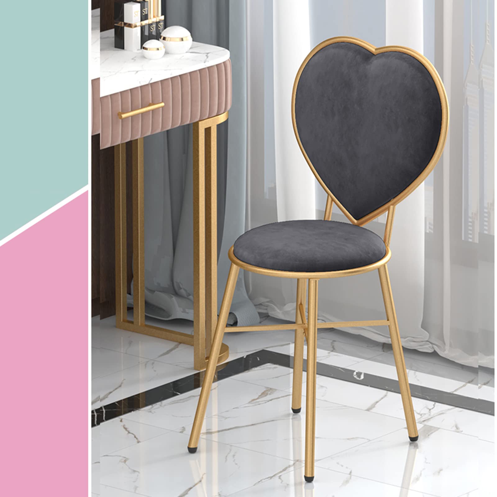 JHSLXD Vanity Makeup Chair - Creative Love Shape Dressing Table Stool for Bedroom & Kids Room, Gray Upholstered Backrest Chair (81cm Height) - Perfect for Makeup Vanity, Dressing Area, Girls Bedroom Decor & Nursery Room Seating