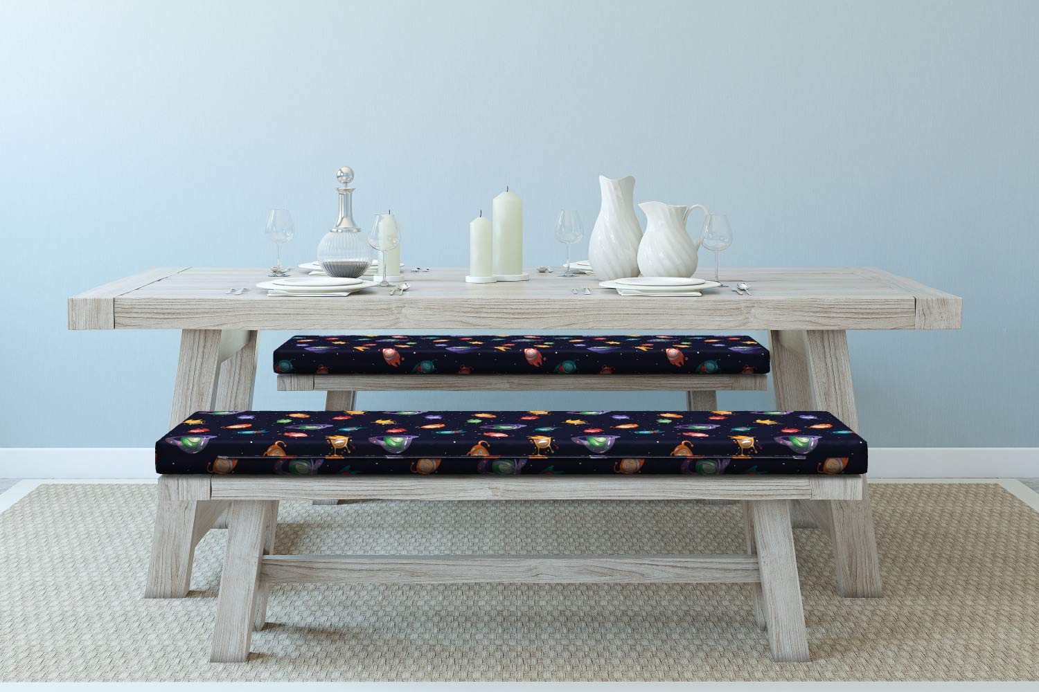 Ambesonne 2-Piece Space-Themed Bench Cushion Set - Alien Expressions & Dotted Spacecraft Design, 45