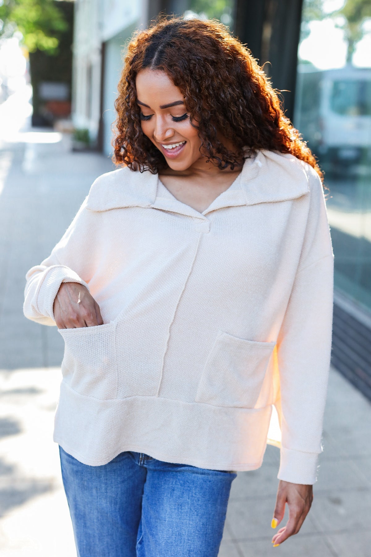 Easy Living Oatmeal Textured Knit Notch Neck Oversized Collar Sweater - Cozy Oversized Women's Knitwear for Fall & Winter | Perfect for Casual Outfits, Coffee Dates and Weekend Relaxation