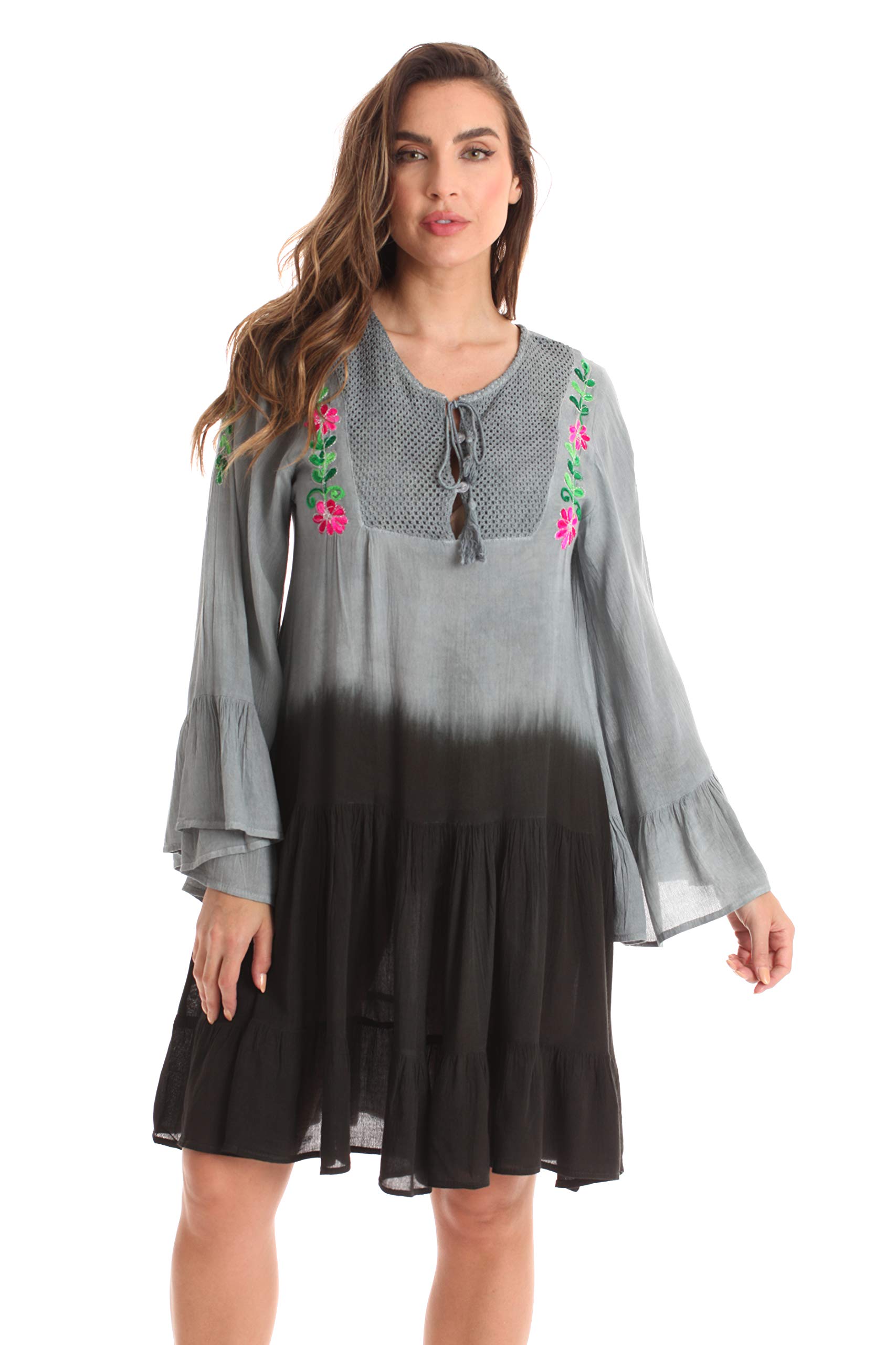 Riviera Sun Flowy Casual Dress with Crochet Front & Bell Sleeves - Summer Beach Dress for Women, Perfect for Vacation, Boho Outfit, and Outdoor Parties