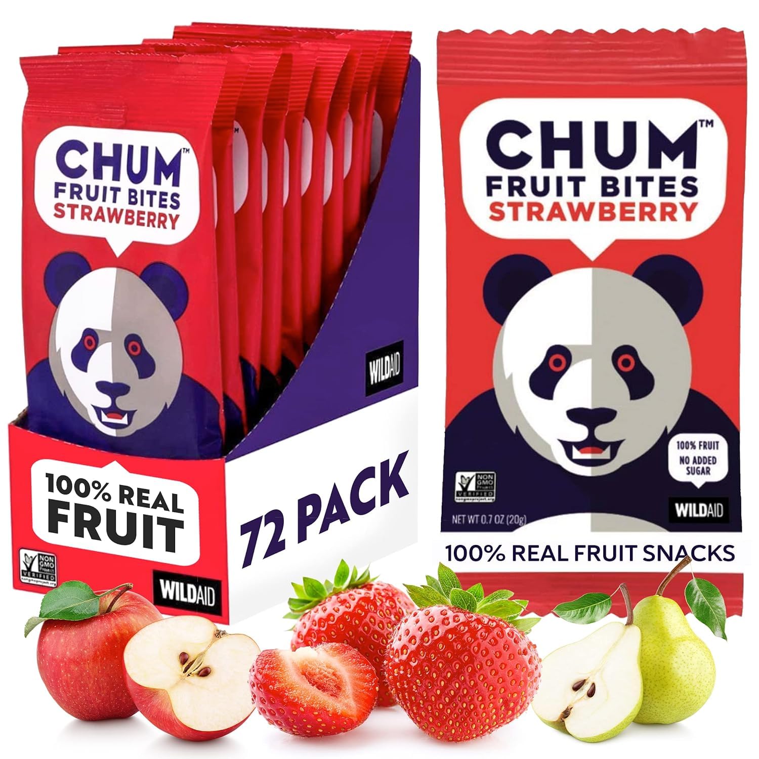 Chum Fruit Bites 100% Real Fruit Snacks - Strawberry, 72-Pack | Non-GMO, No Added Sugar or Preservatives | Nut-Free, Gluten-Free, Vegan, Kosher, Paleo | Healthy School Snacks, Lunch Box Treats & On-The-Go Energy Boost