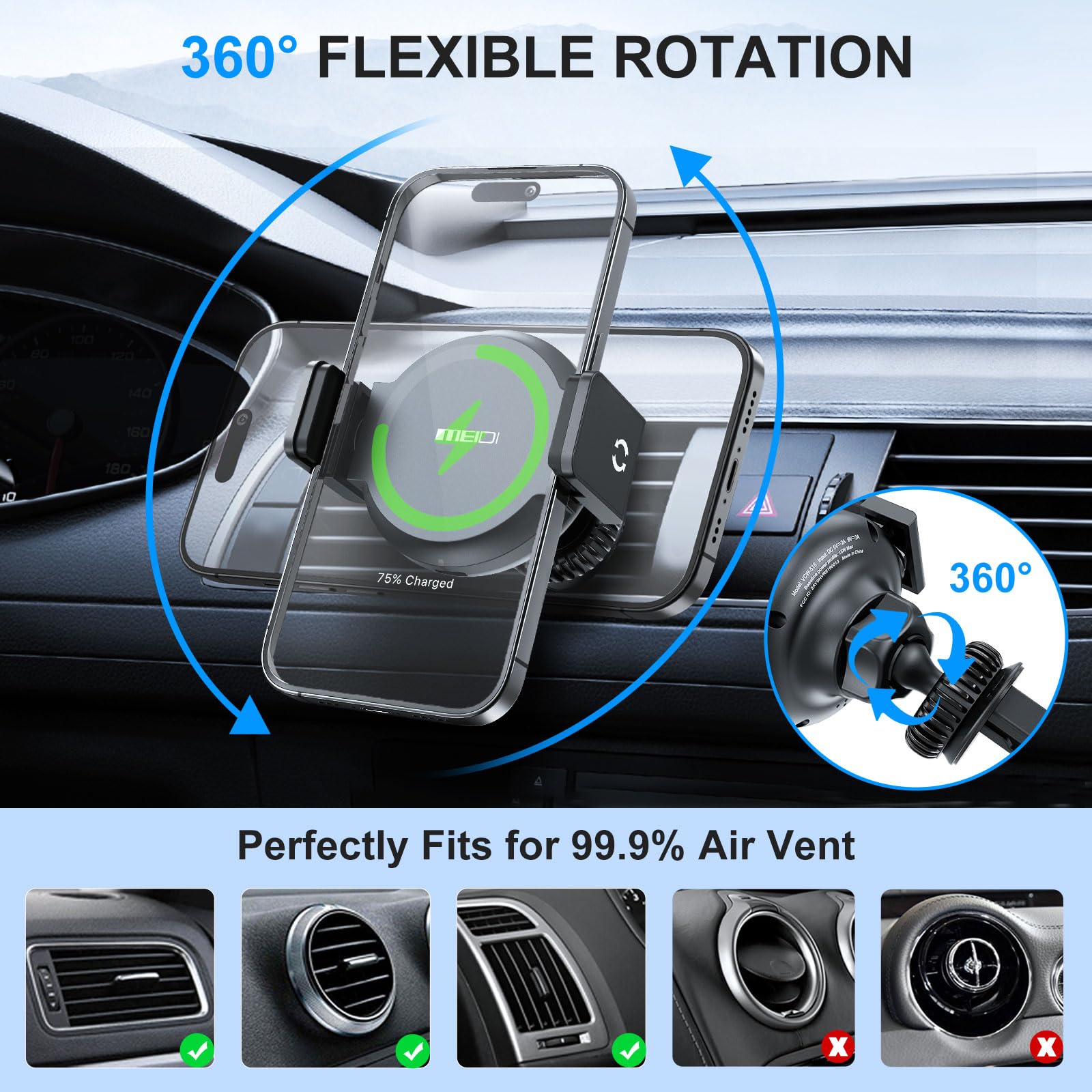 MEIDI 15W Magsafe Car Mount Charger - Fast Wireless Charging Car Phone Holder for iPhone 15/14/13/12 Pro Max Plus with MagSafe Case - Vent Mount Magnetic Phone Stand for Safe Driving & Hands-Free Navigation