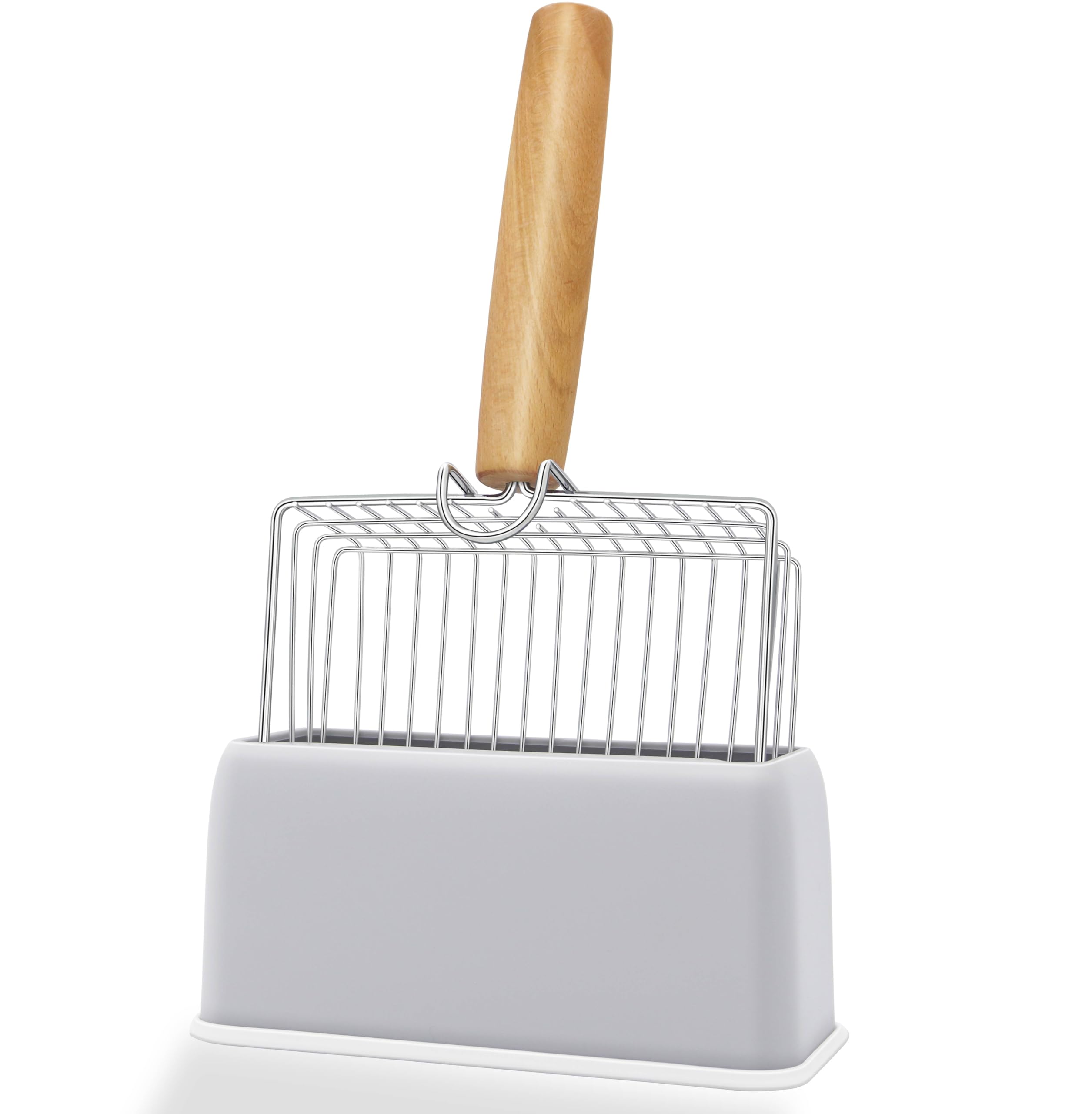 Premium Metal Cat Litter Scoop with Holder - Fast Sifting Poop Scooper with Ergonomic Wood Handle (0.3