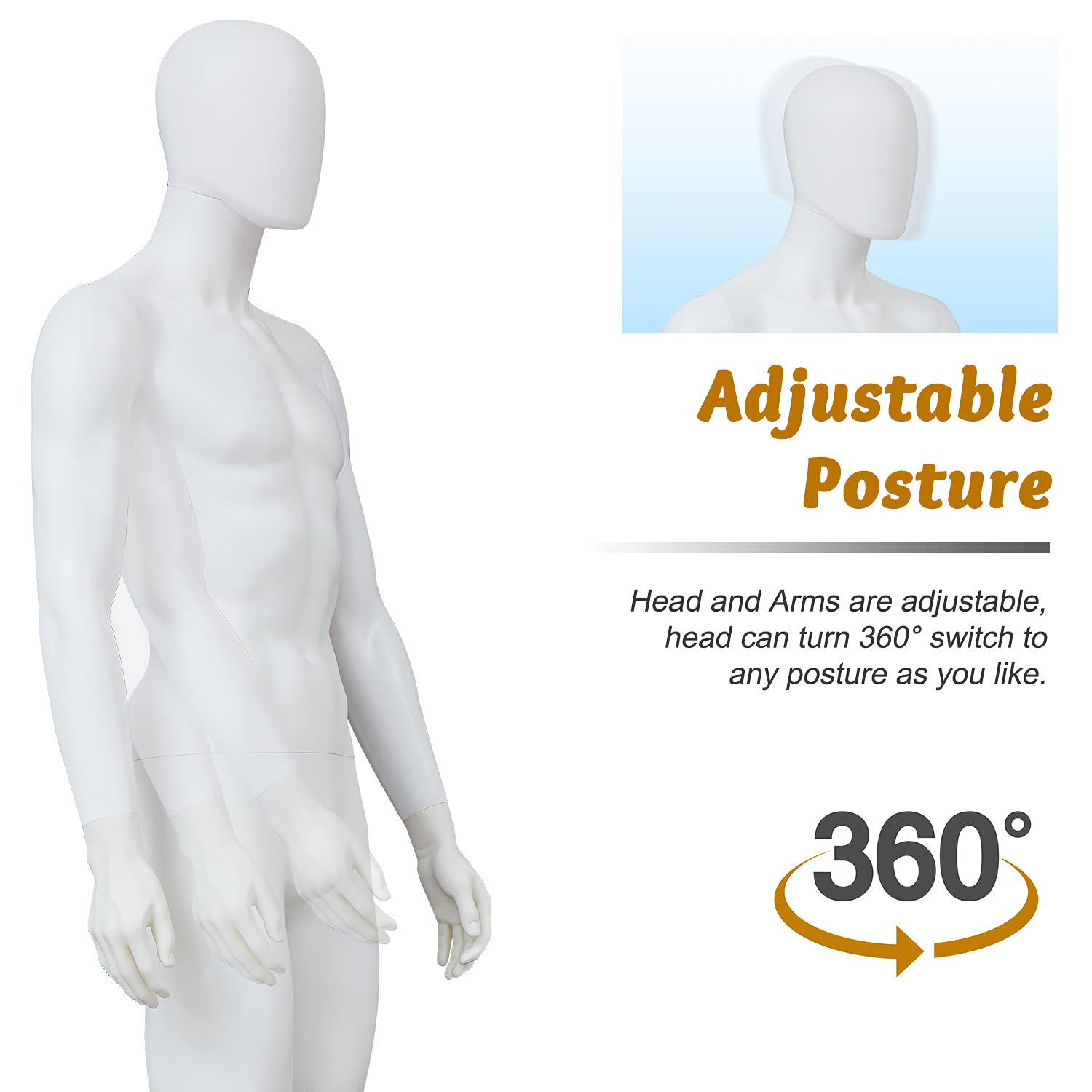 6 FT Male Mannequin with Adjustable Stand & Metal Base - Full Body Posable Dress Form for Window Display, Retail Store, Fashion Show & Photography (White)