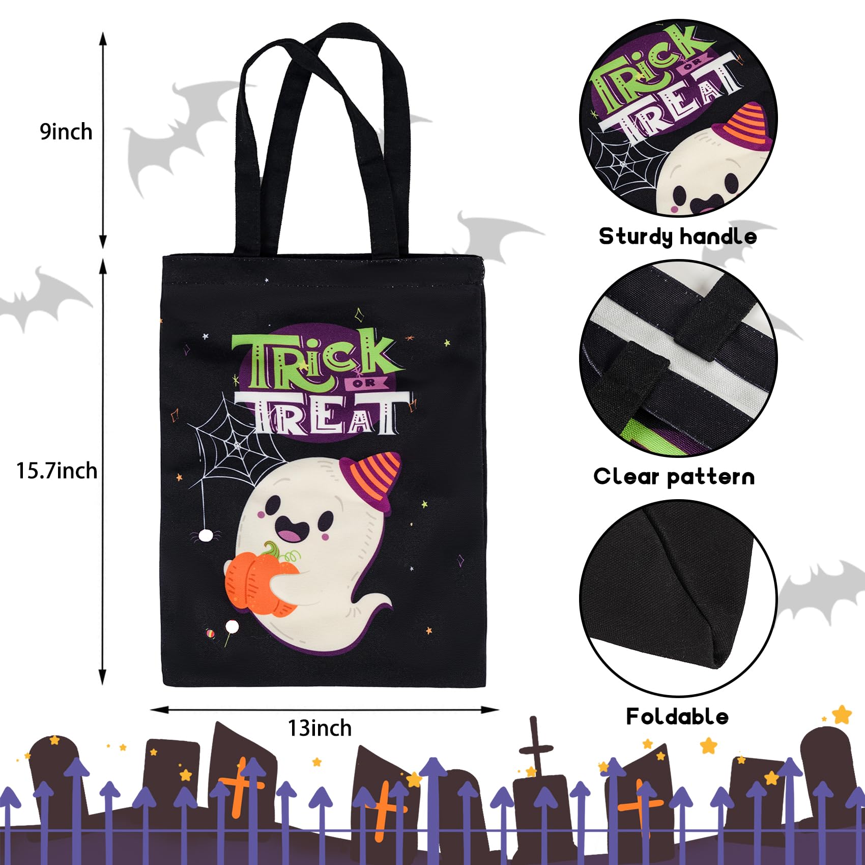ATFUNSHOP Halloween Trick or Treat Bags - 15.7 Inch Large Reusable Ghost Canvas Tote Bucket for Kids - Perfect for Candy Collection, Halloween Parties & Festive Decorations