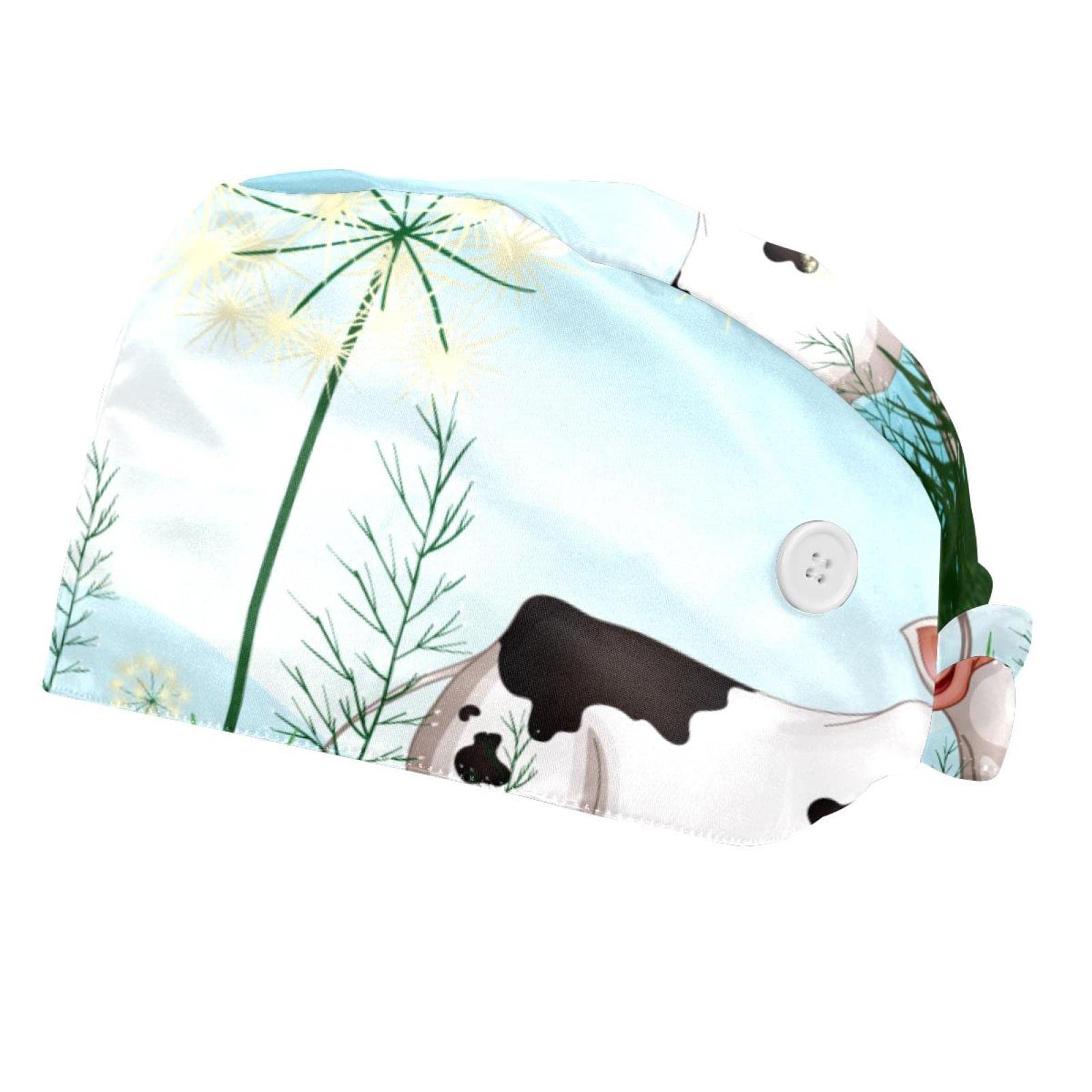 Adjustable Tie Back Bouffant Hats for Women & Men - Farm Cow Print Working Cap with Buttons & Sweatband - Perfect for Outdoor Work, Gardening, and Country-Themed Events