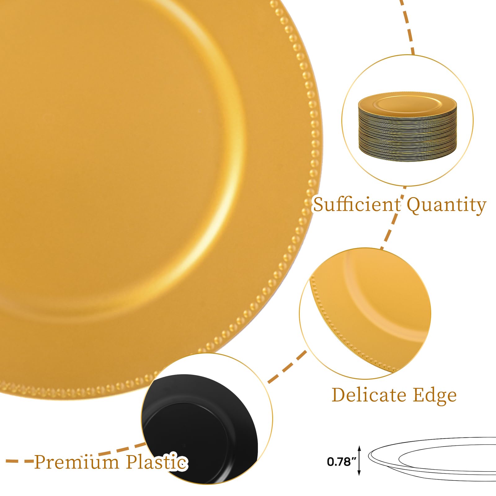 100 Pcs Gold Charger Plates Bulk - 13 Inch Plastic Round Dinner Plates with Beaded Rim, Reusable Charger Service Plates for Christmas, Wedding, Party & Special Events - Elegant Table Setting for Holiday Dinners, Banquets and Formal Occasions