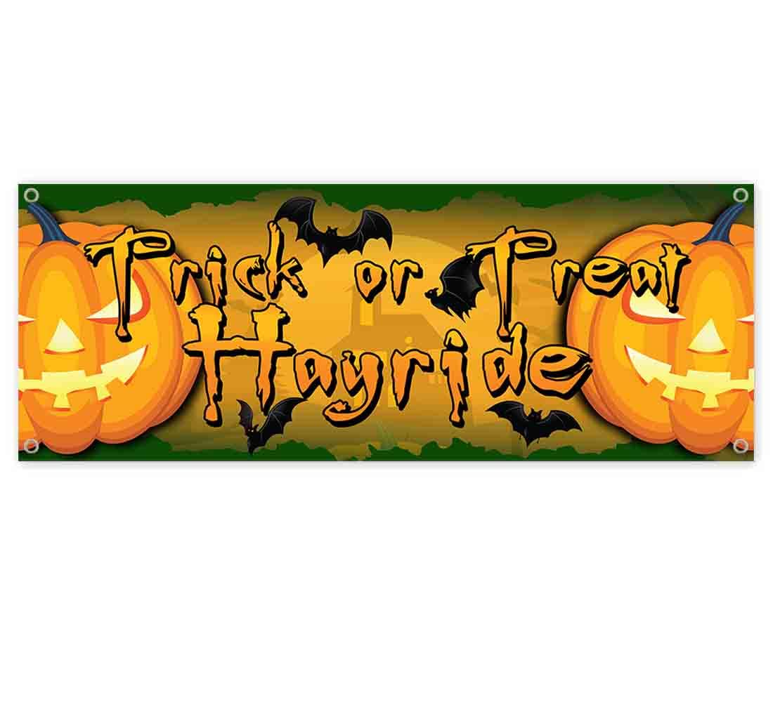 Trick or Treat Hayride Banner - 13 oz Heavy-Duty Vinyl Halloween Decoration with Metal Grommets | Single-Sided Non-Fabric Banner for Halloween Party, Fall Festival, Haunted House & Outdoor Decor