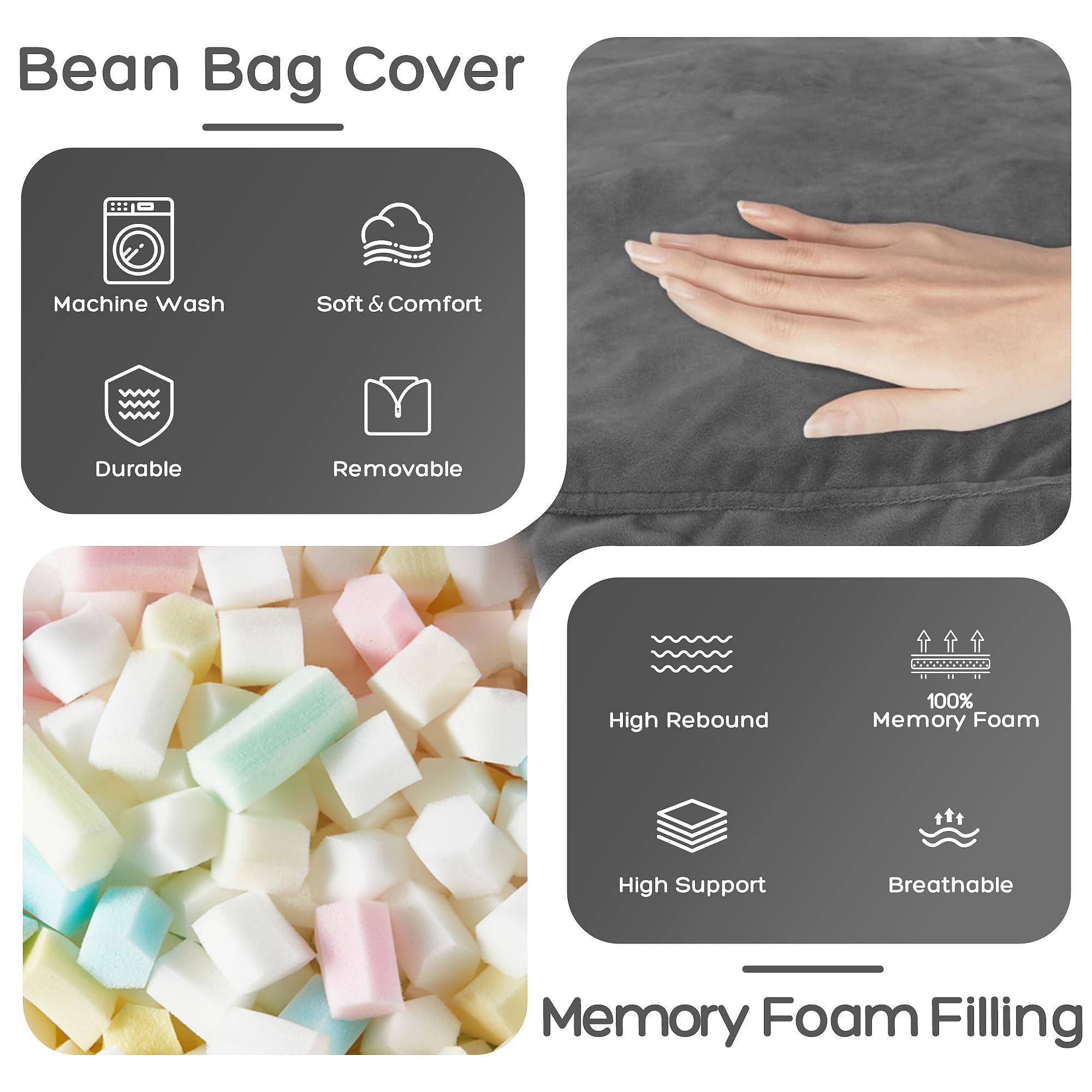HABUTWAY 4' Giant Memory Foam Bean Bag Chair for Adults - Ultra Soft Microfiber Cover, 4 Feet Large Lounger (Grey) - Perfect for Living Room, Bedroom, Game Room & Dorm Relaxation