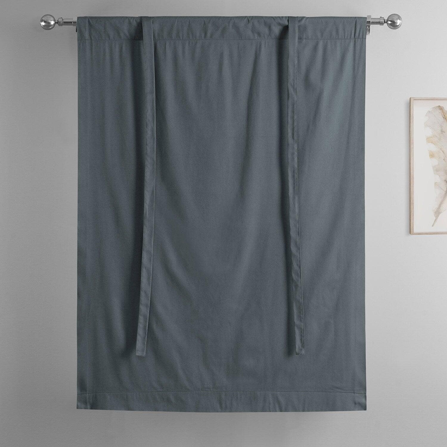 Blackout Window Shades for Business - Solid Grey Cotton Tie-Up Room Darkening Window Curtains for Office & Home Privacy