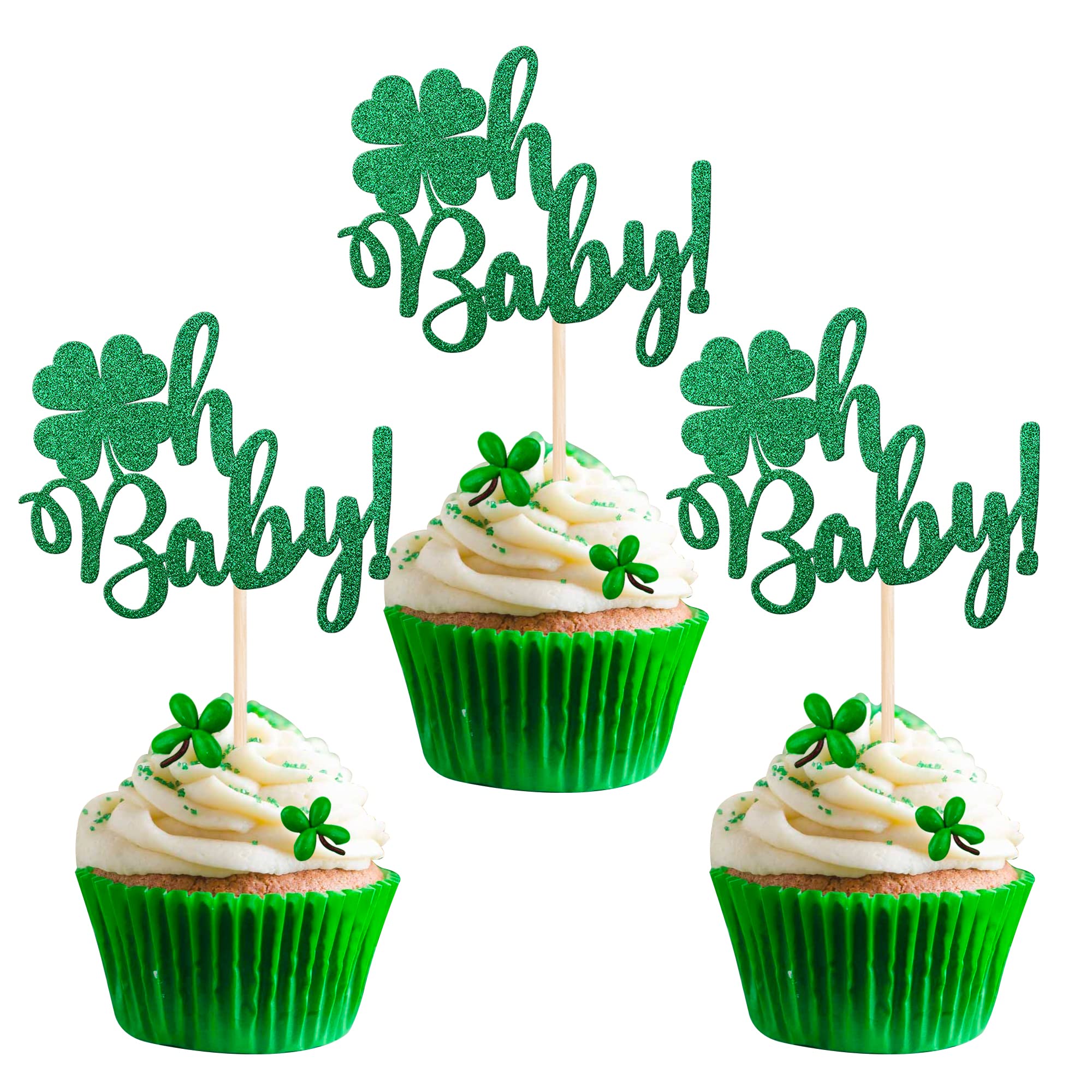 24 PCS St. Patrick's Day Cupcake Toppers - Green Glitter Shamrock & Lucky Four Leaf Clover Decorations for Baby Shower, Birthday Party & Cake Decorating Supplies | Perfect for Irish-Themed Celebrations and Festive Dessert Displays