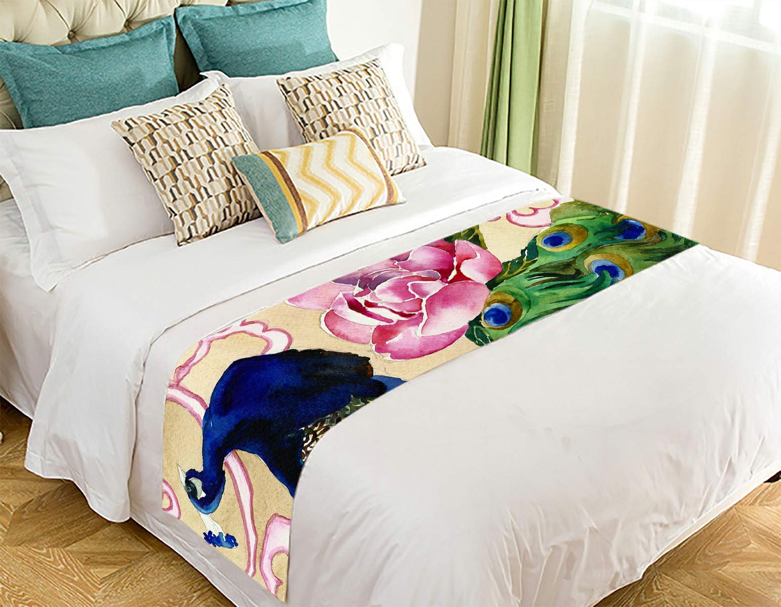 ECZJNT Peacock Watercolor Bed Runner Scarf - 20x95 Inch Luxury Bed Decor for Master Bedroom, Guest Room & Wedding Decor