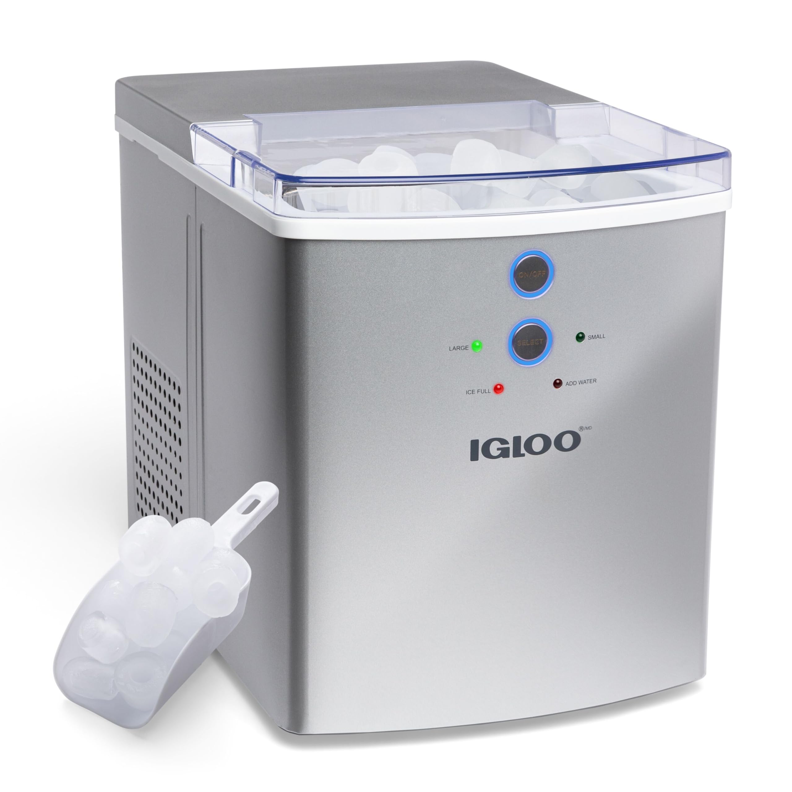 Igloo Electric Countertop Ice Maker Machine - Automatic Portable Ice Cube Maker Produces 33 lbs in 24 Hours - Includes Ice Scoop & Basket - Perfect for Home, Office, Parties, Iced Coffee & Cocktails - Silver