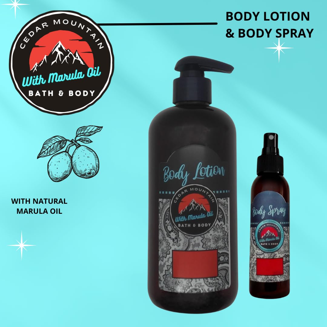 Cedar Mountain All Spice Scented Body Lotion & Body Spray Gift Set with Marula Oil - 8 Oz | Moisturizing & Hydrating for Dry Skin | Perfect for Daily Use, Spa Days & Self-Care Routines