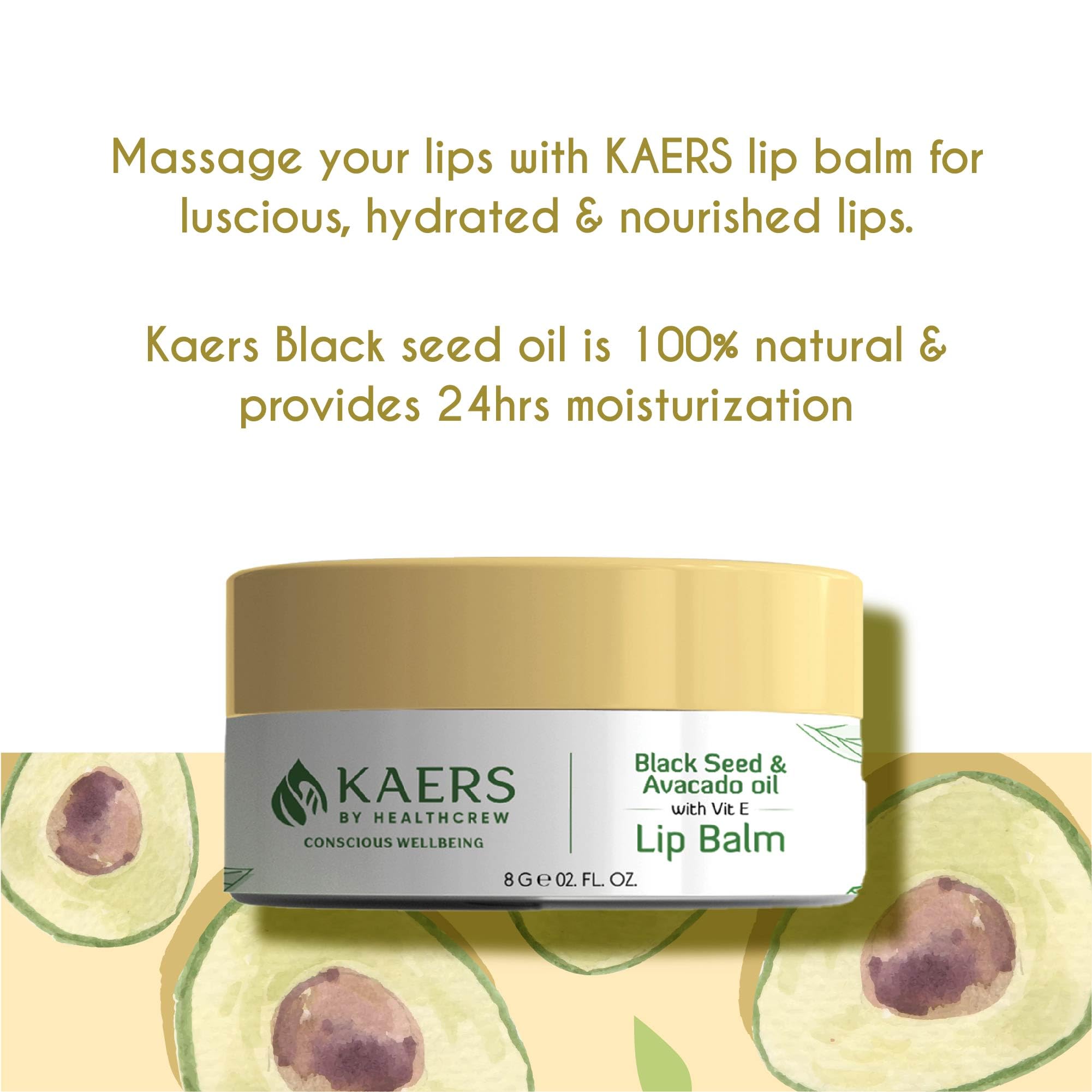 Kaers by Healthcrew Luscious Lip Balm - Black Seed (Kalonji) & Avocado with Vitamin E - 8g (Pack of 2) | Hydrating & Nourishing Lip Care for Dry, Chapped Lips - Day & Night Use